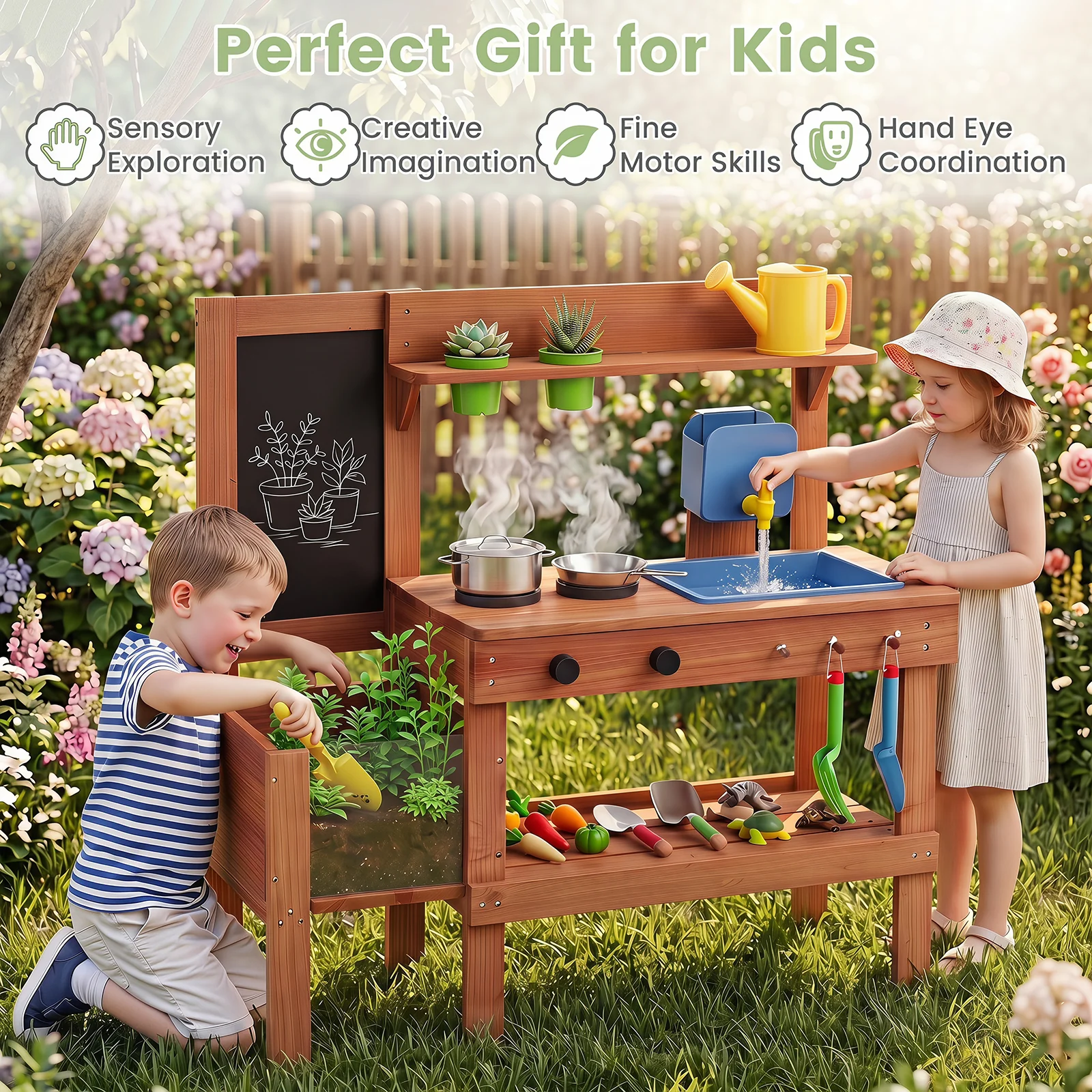 Kids Mud Kitchen Solid Wood with Planter Box Sink Stoves and Chalkboard - Image 10