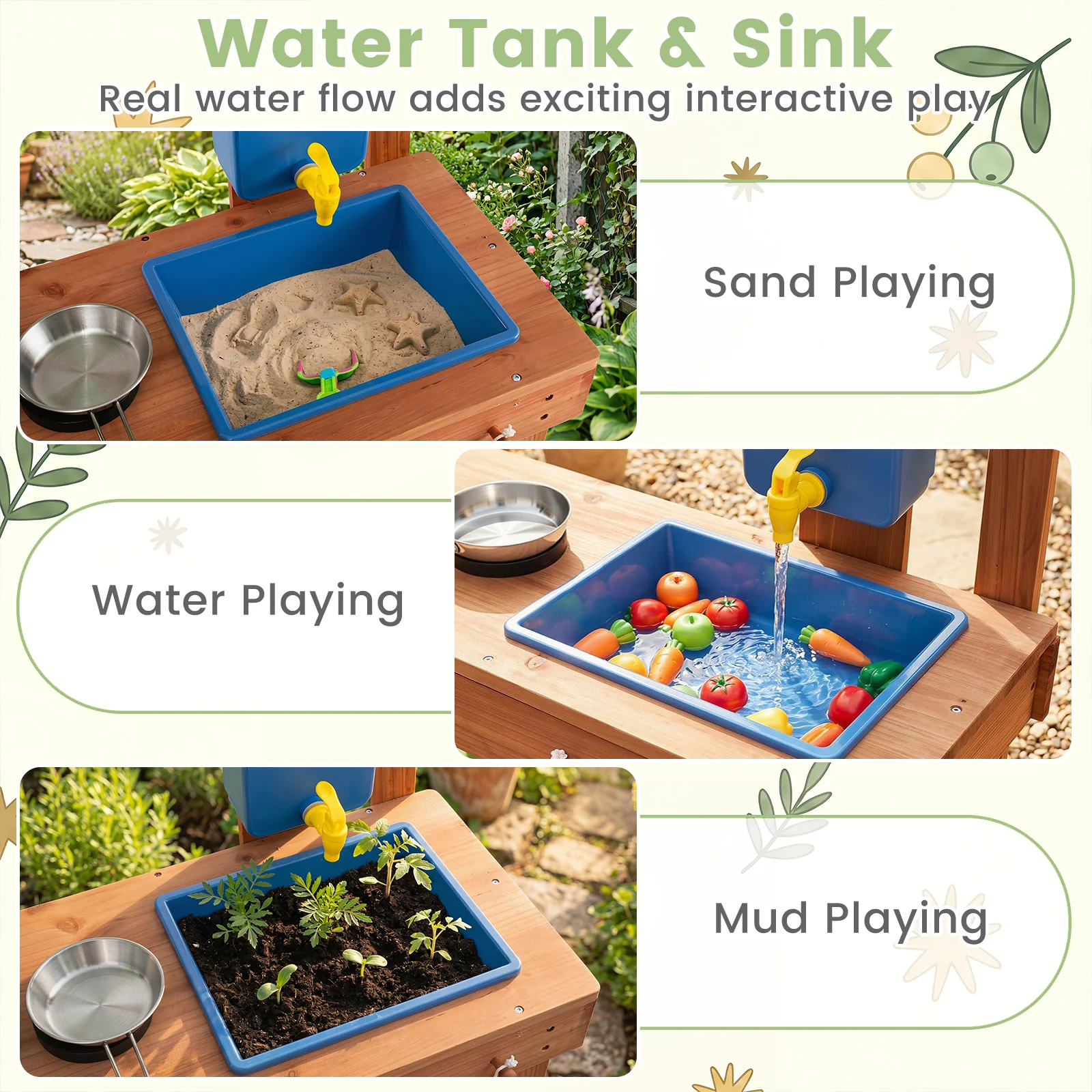Kids Mud Kitchen Solid Wood with Planter Box Sink Stoves and Chalkboard - Image 6