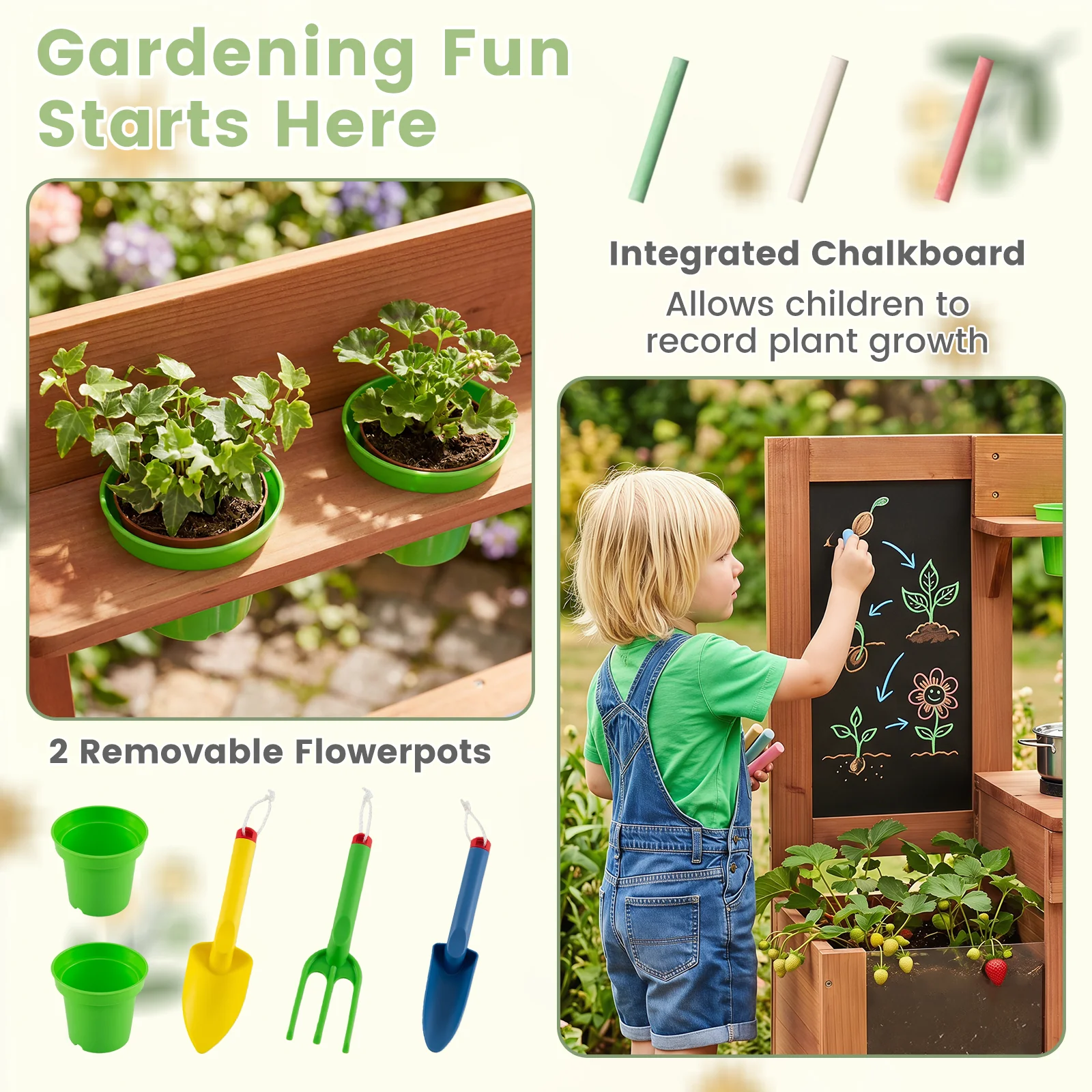 Kids Mud Kitchen Solid Wood with Planter Box Sink Stoves and Chalkboard - Image 8
