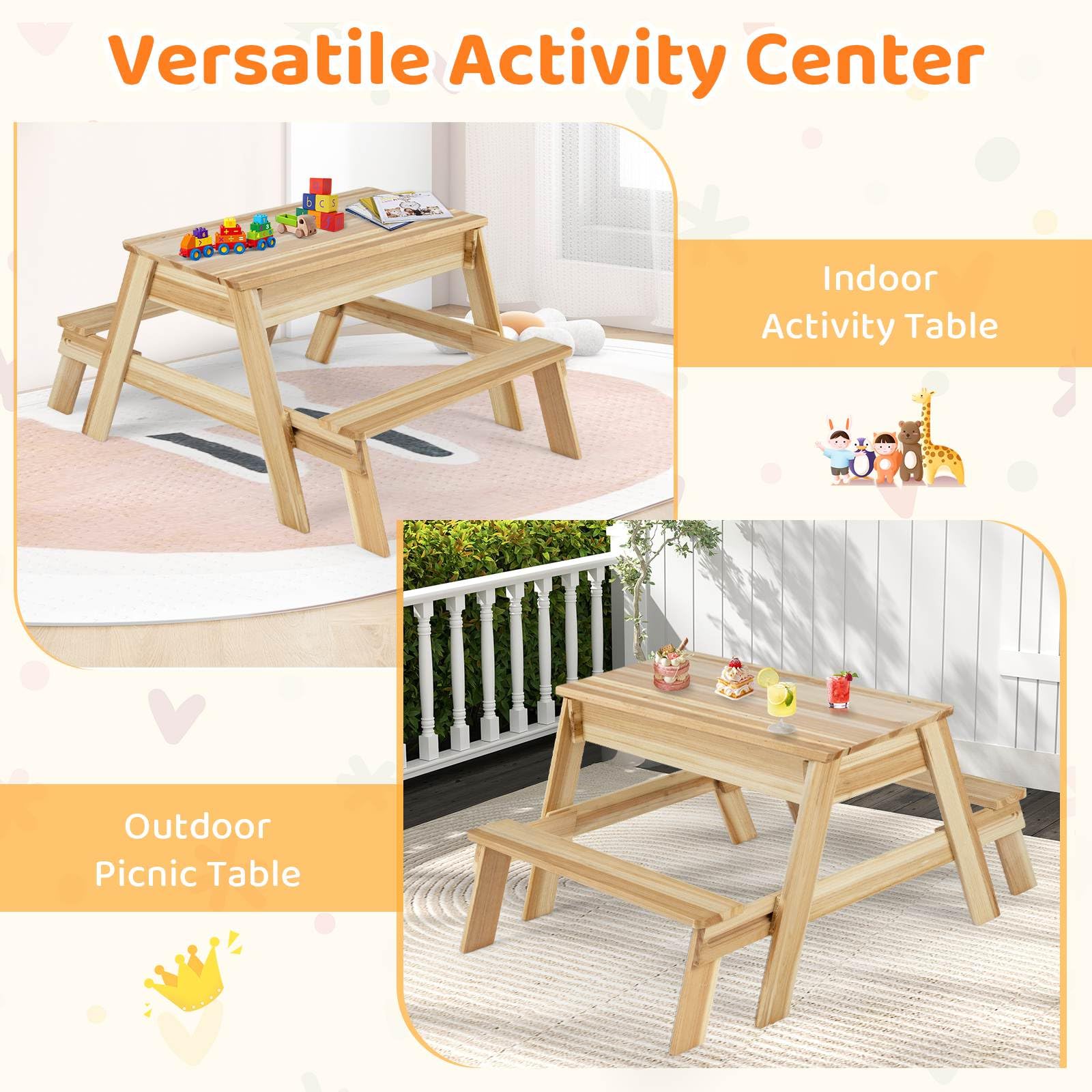 Kids Picnic Table, 4 in 1 Wooden Table & Bench Set with Removable Top & 2 Storage Boxes - Image 5