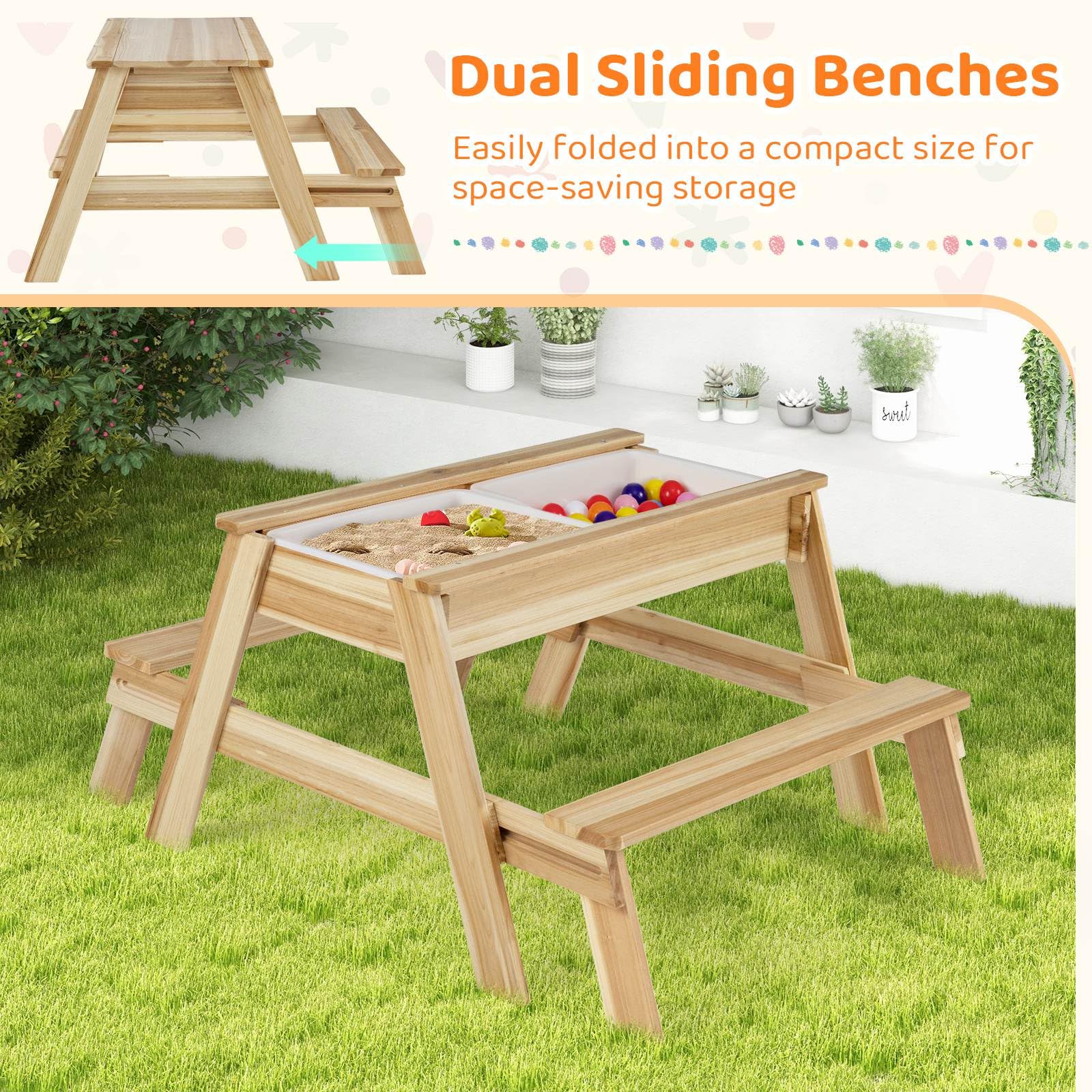 Kids Picnic Table, 4 in 1 Wooden Table & Bench Set with Removable Top & 2 Storage Boxes - Image 6