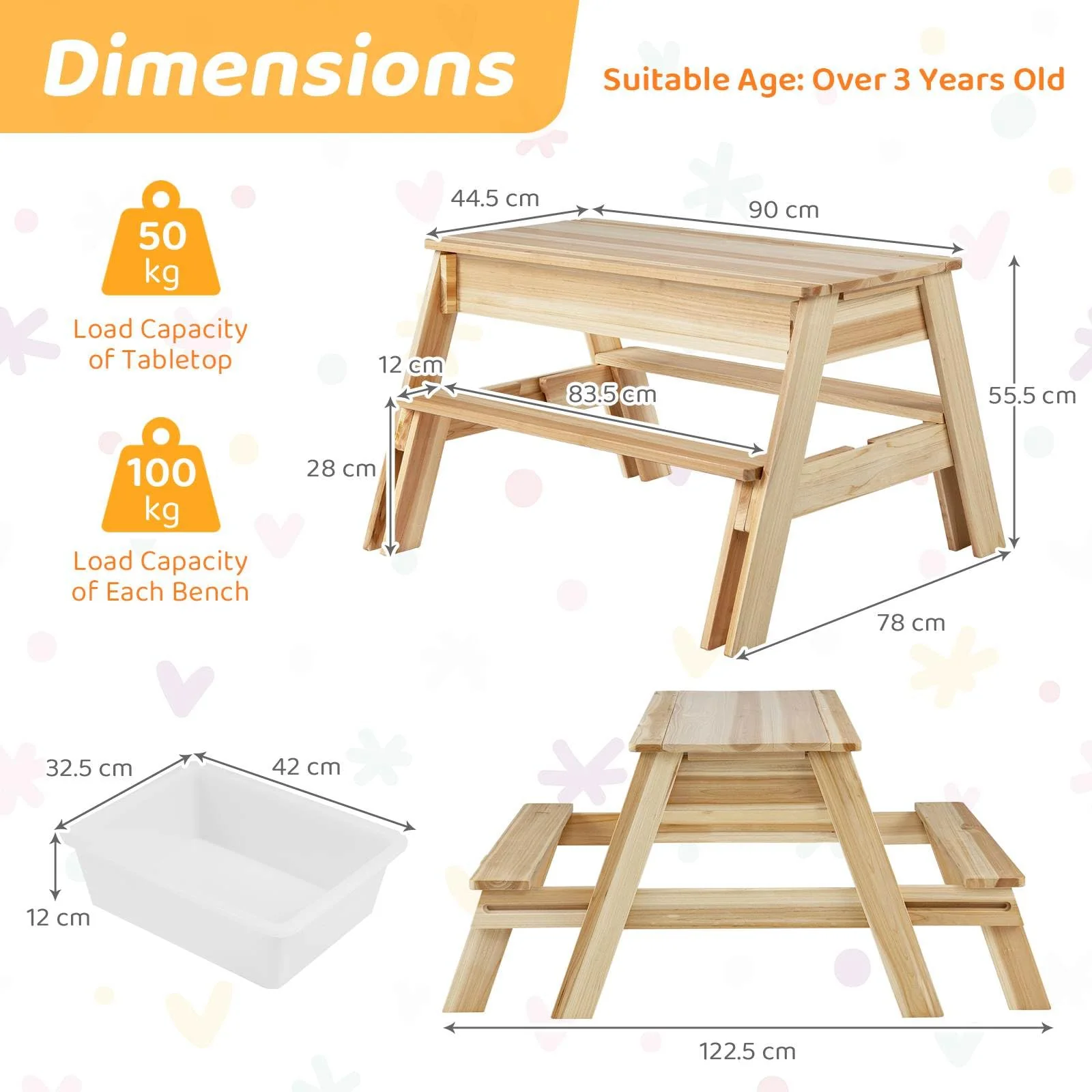 Kids Picnic Table, 4 in 1 Wooden Table & Bench Set with Removable Top & 2 Storage Boxes - Image 7