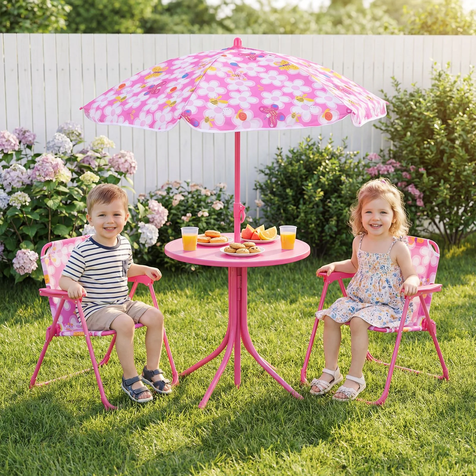 Kids Picnic Table with 2 Folding Chairs and Height Adjustable Umbrella for Garden - Image 2