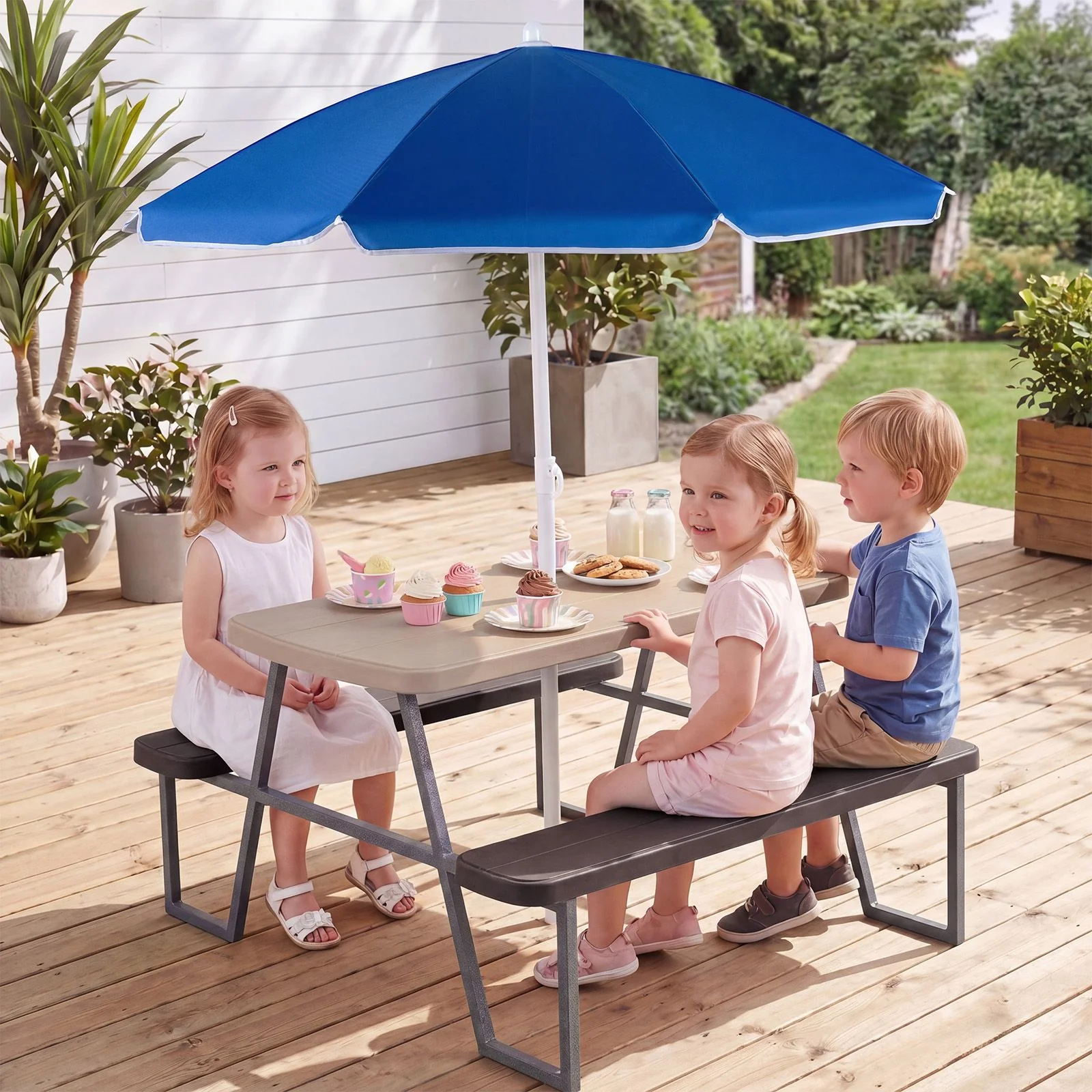 Kids Picnic Table with Benches and Umbrella Seats 4 for Lawn Garden Patio - Image 2