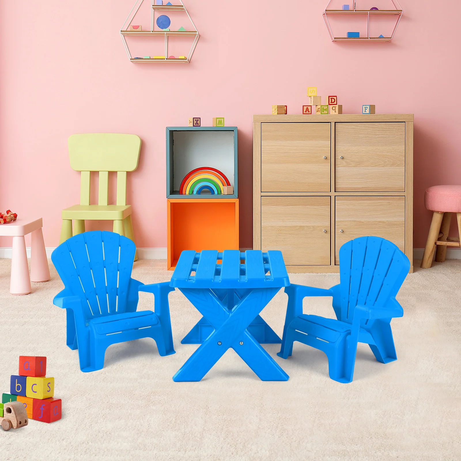 Kids Plastic Table with 2 Adirondack Chairs Set, Toddler Play Table and Chairs for Tea Time - Image 2