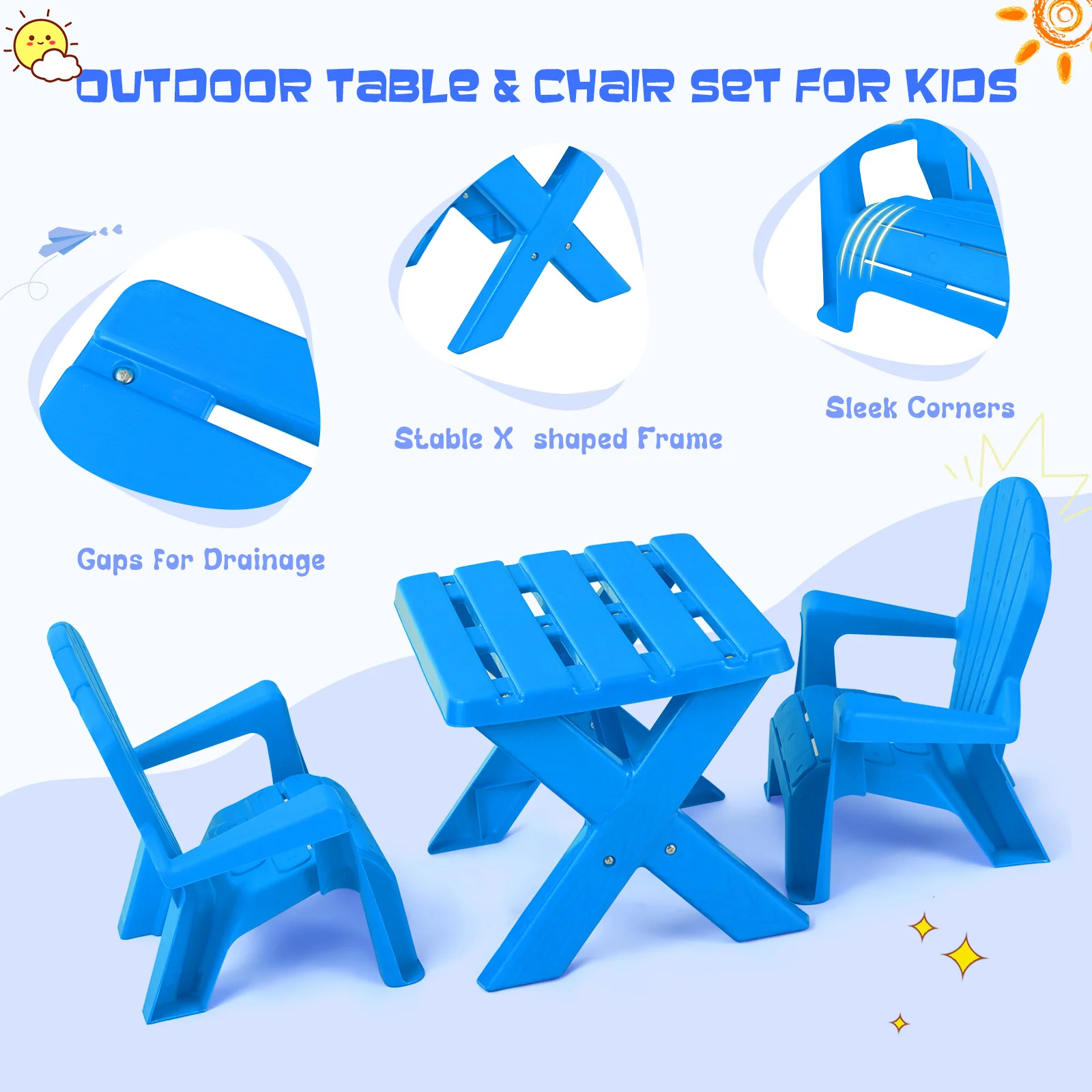 Kids Plastic Table with 2 Adirondack Chairs Set, Toddler Play Table and Chairs for Tea Time - Image 3