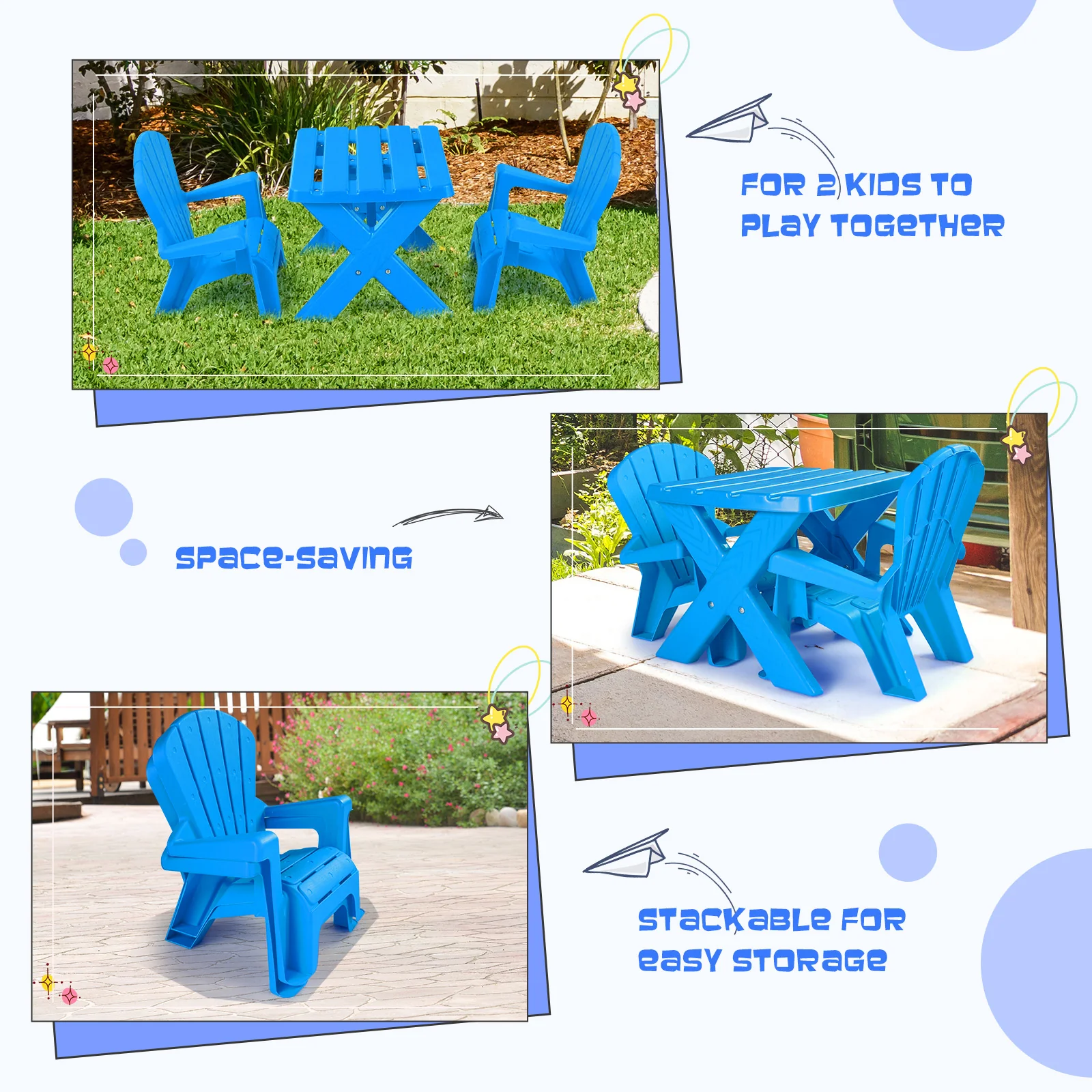 Kids Plastic Table with 2 Adirondack Chairs Set, Toddler Play Table and Chairs for Tea Time - Image 4