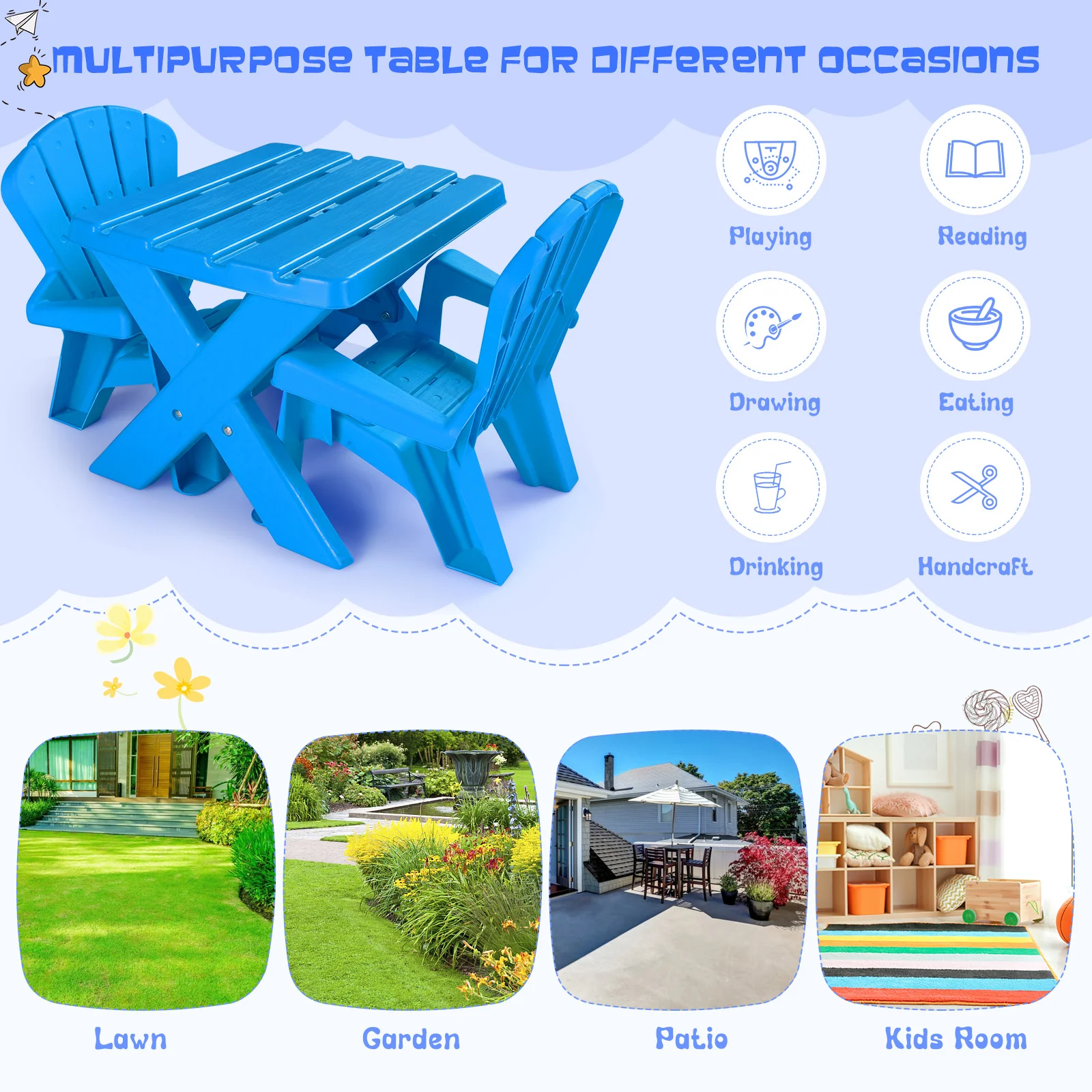 Kids Plastic Table with 2 Adirondack Chairs Set, Toddler Play Table and Chairs for Tea Time - Image 5