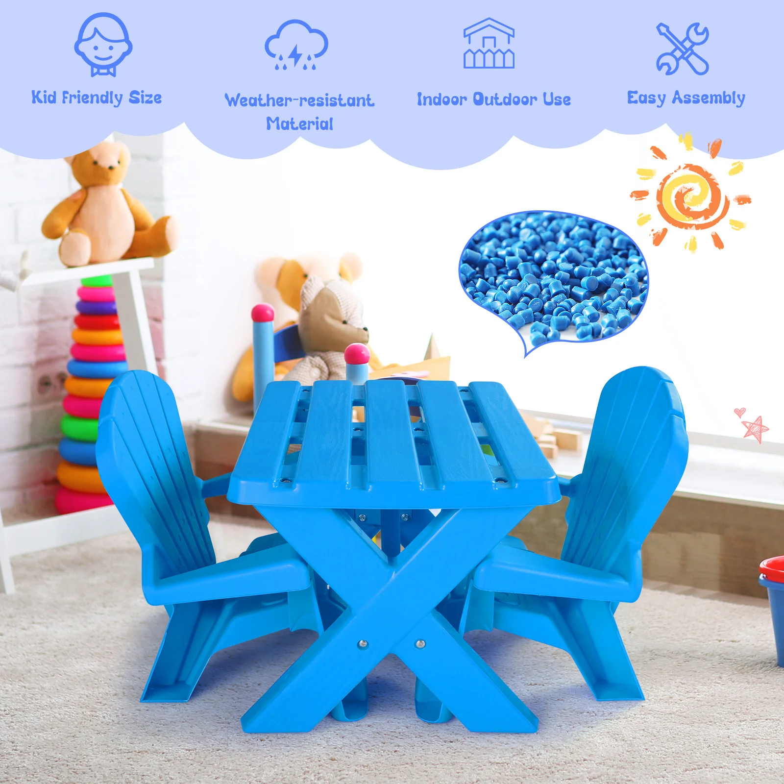 Kids Plastic Table with 2 Adirondack Chairs Set, Toddler Play Table and Chairs for Tea Time - Image 6