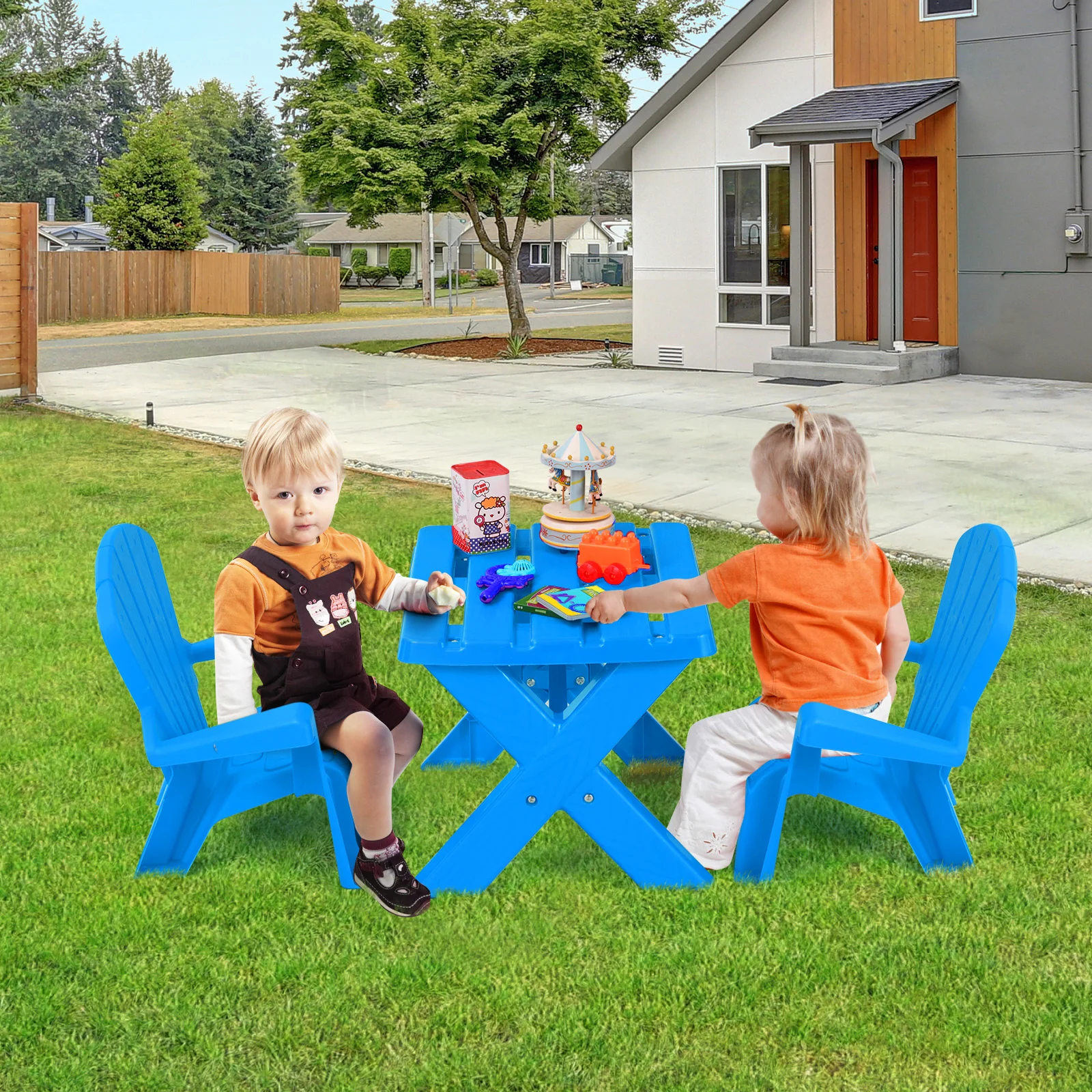 Kids Plastic Table with 2 Adirondack Chairs Set, Toddler Play Table and Chairs for Tea Time - Image 7