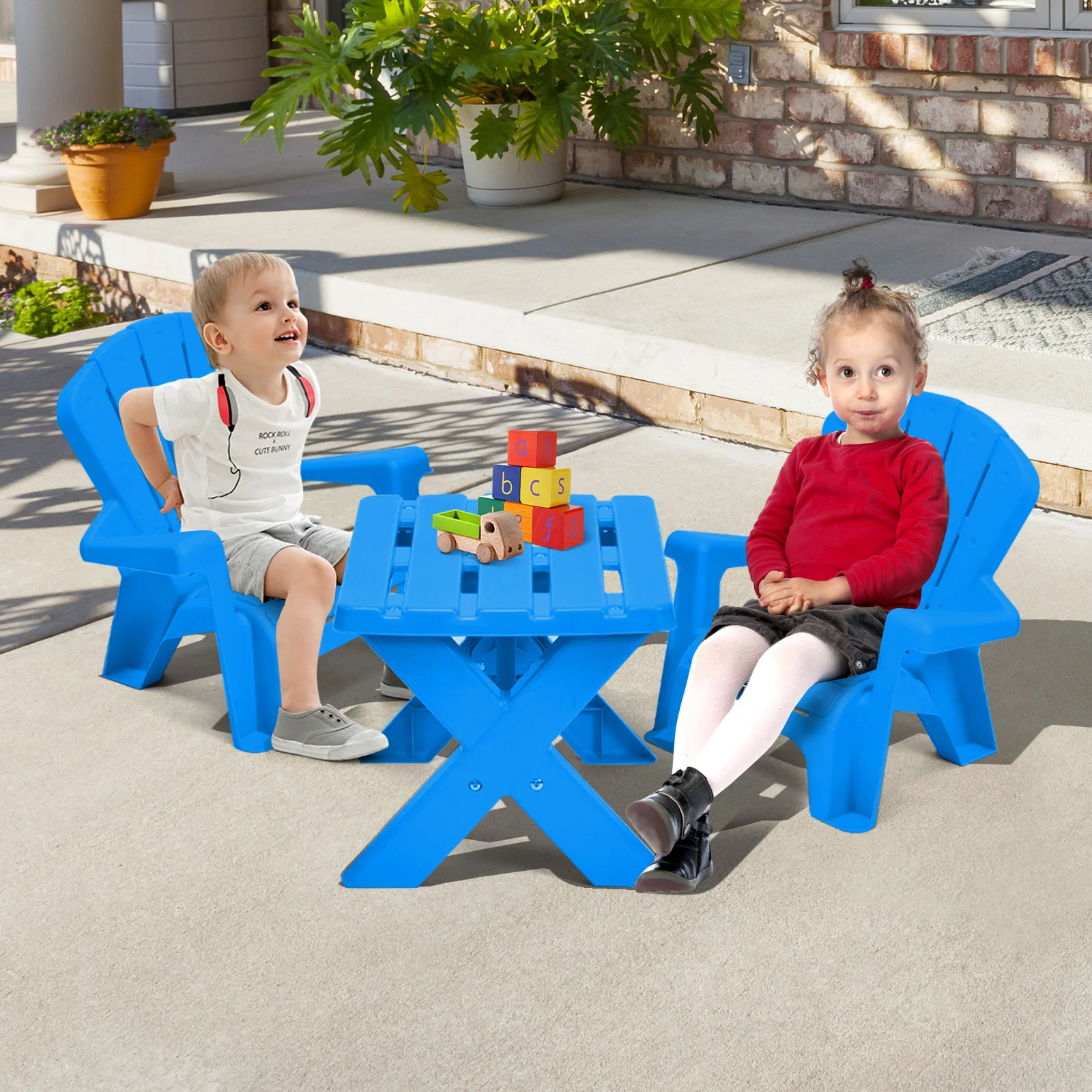 Kids Plastic Table with 2 Adirondack Chairs Set, Toddler Play Table and Chairs for Tea Time - Image 8
