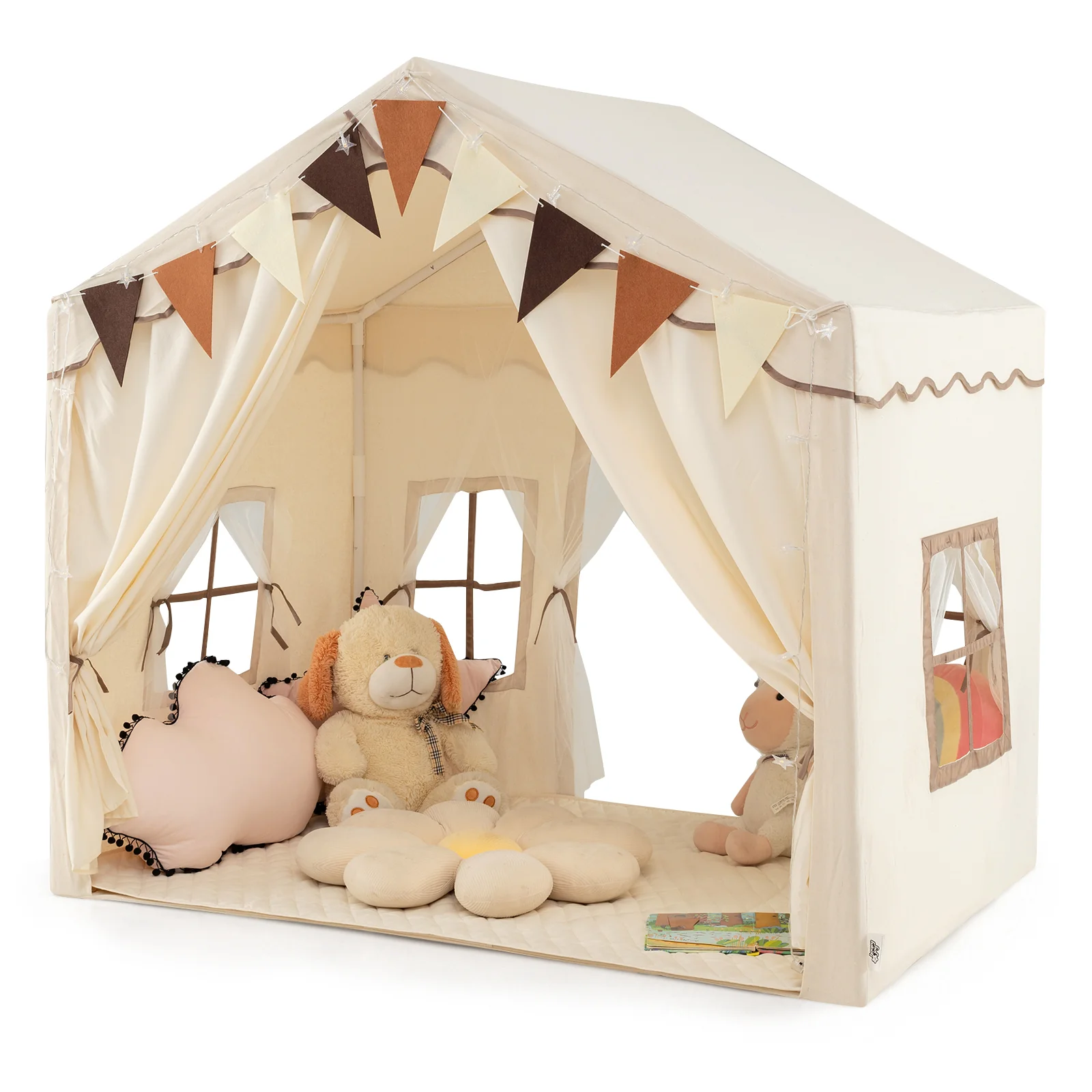 Kids Play Tent, 3-4 Kids Large Play Tent House w/2 Opening Doors, Star Lights & Plaid Pennants - Image 10