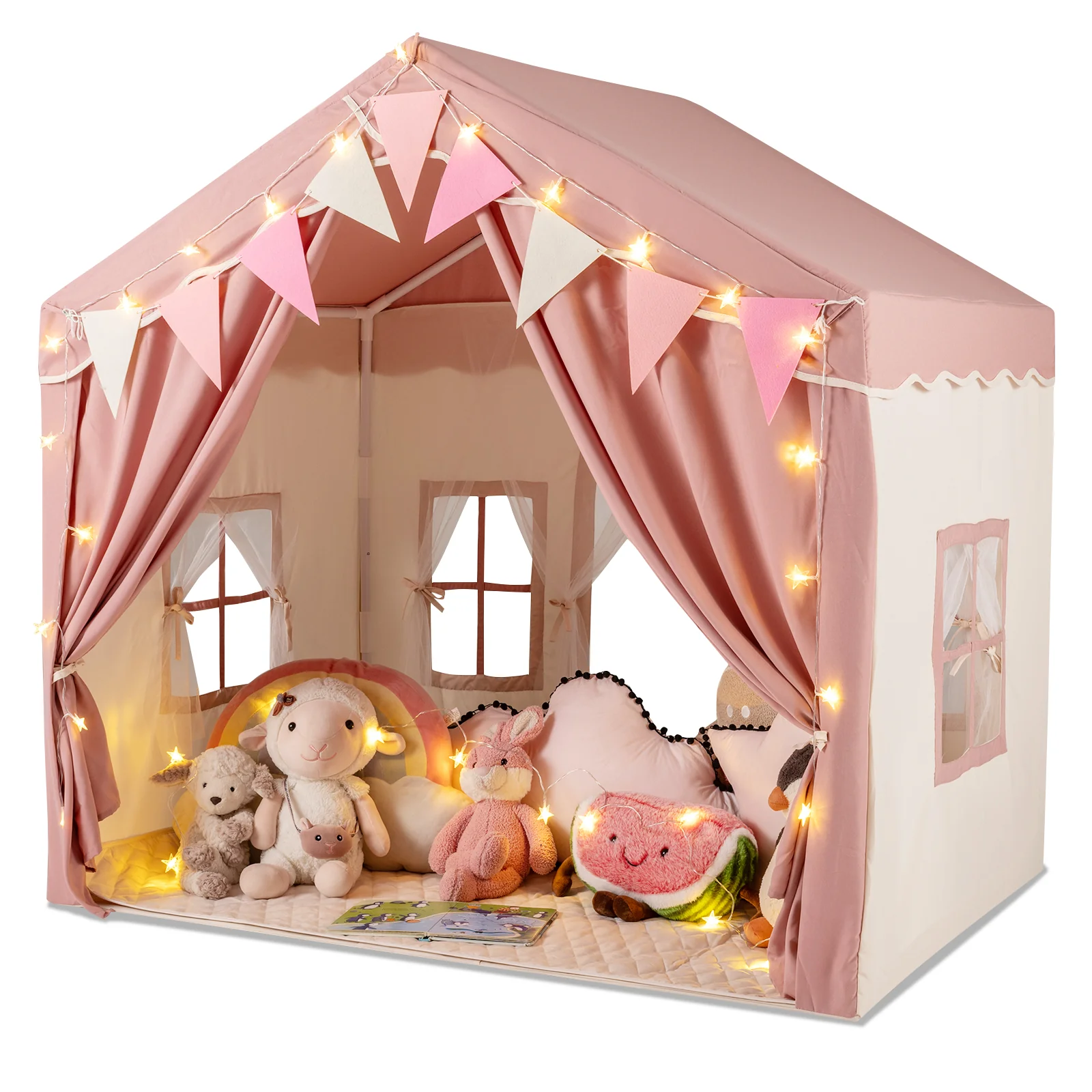 Kids Play Tent, 3-4 Kids Large Play Tent House w/2 Opening Doors, Star Lights & Plaid Pennants - Image 11