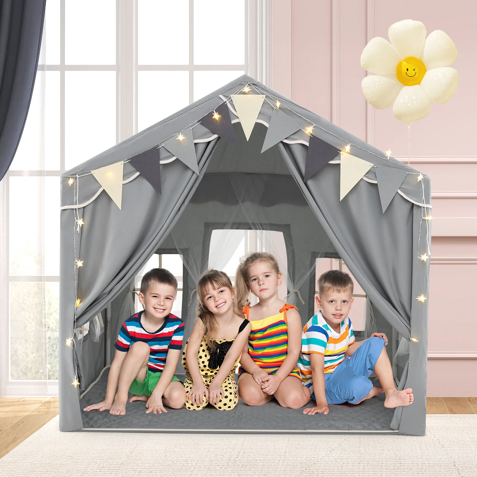 Kids Play Tent, 3-4 Kids Large Play Tent House w/2 Opening Doors, Star Lights & Plaid Pennants - Image 8