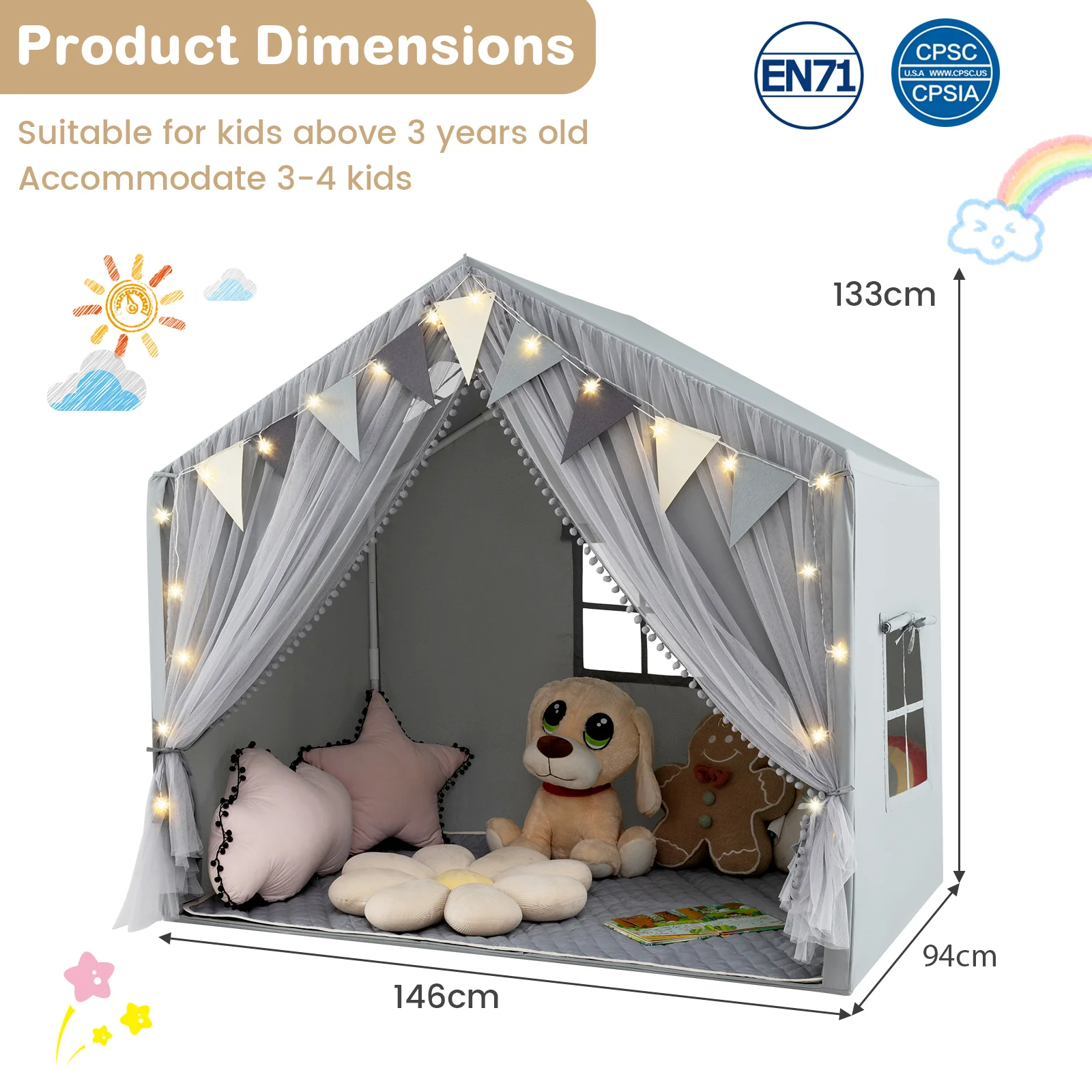 Kids Play Tent, 3-4 Kids Large Play Tent House w/Fabric & Screen Curtains, Star Lights, Plaid Pennants - Image 12