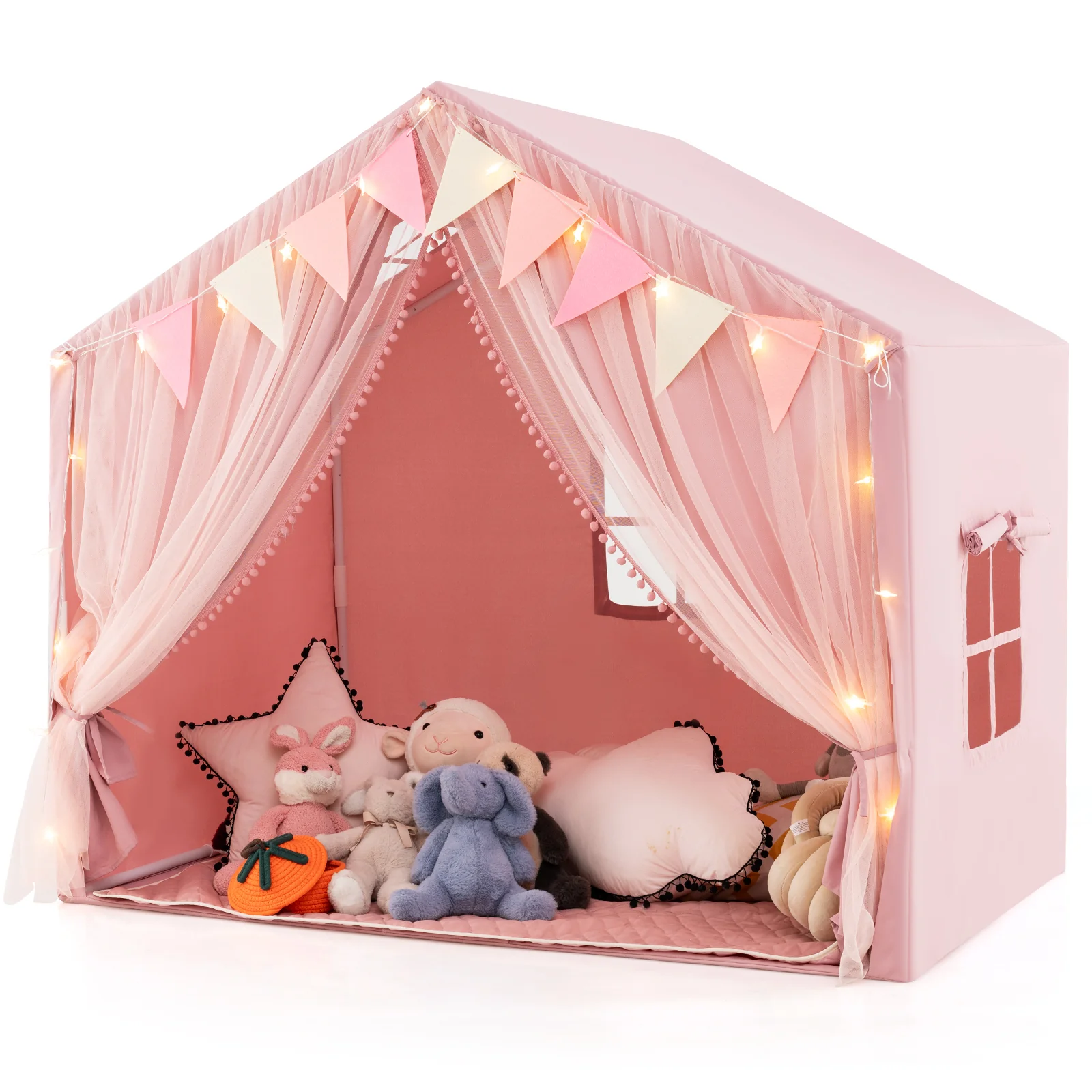 Kids Play Tent, 3-4 Kids Large Play Tent House w/Fabric & Screen Curtains, Star Lights, Plaid Pennants - Image 13