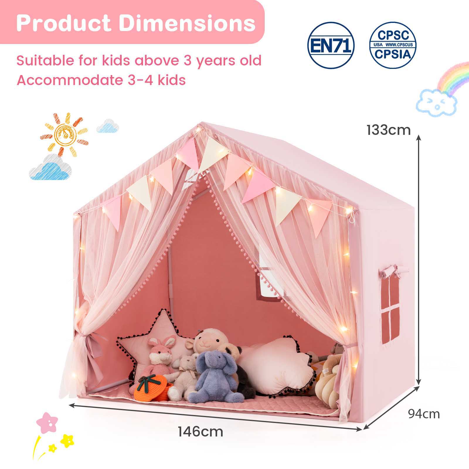 Kids Play Tent, 3-4 Kids Large Play Tent House w/Fabric & Screen Curtains, Star Lights, Plaid Pennants - Image 14