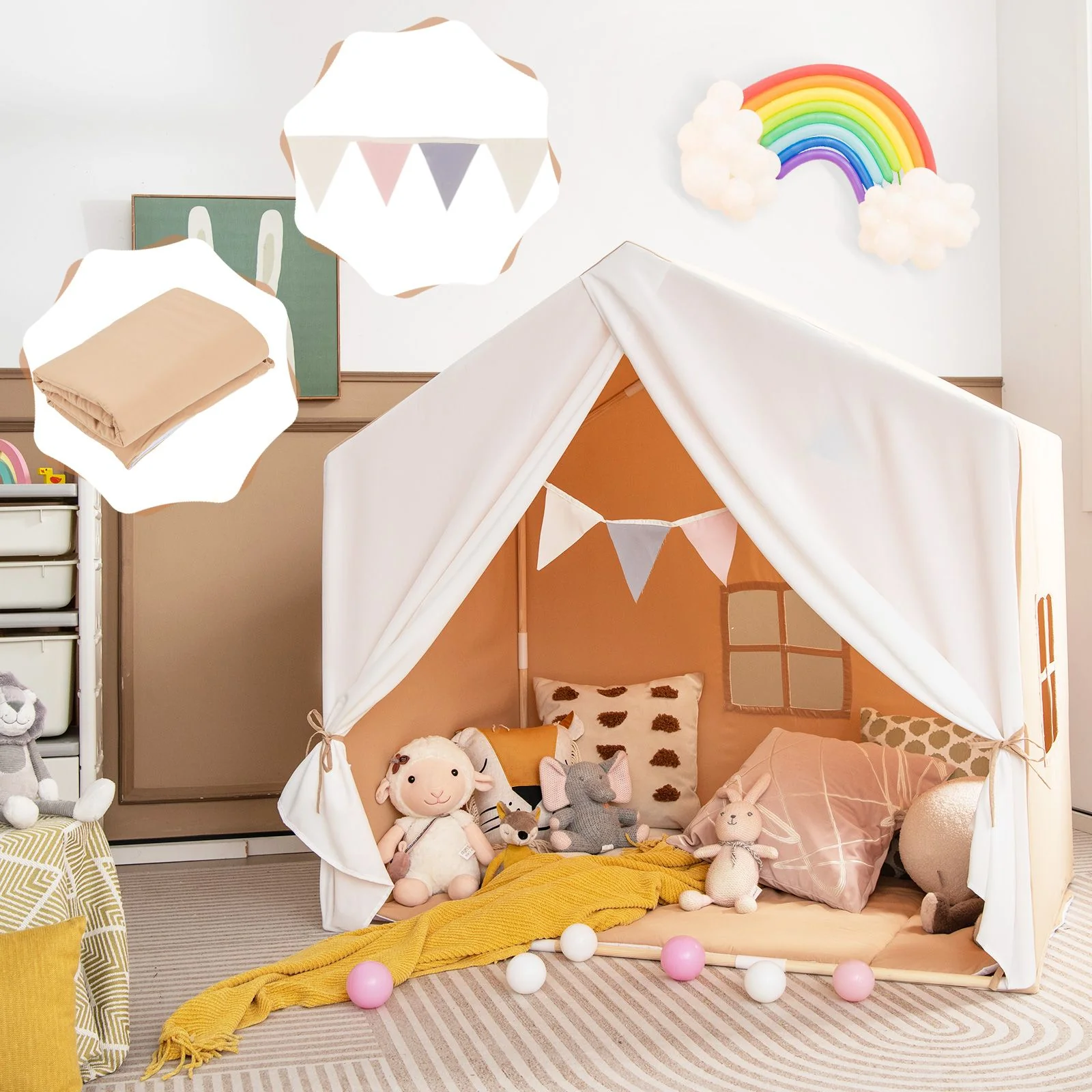 Kid's Play Tent with Washable Cotton Mat and Flag Banner for Kids Aged 3+ - Image 2