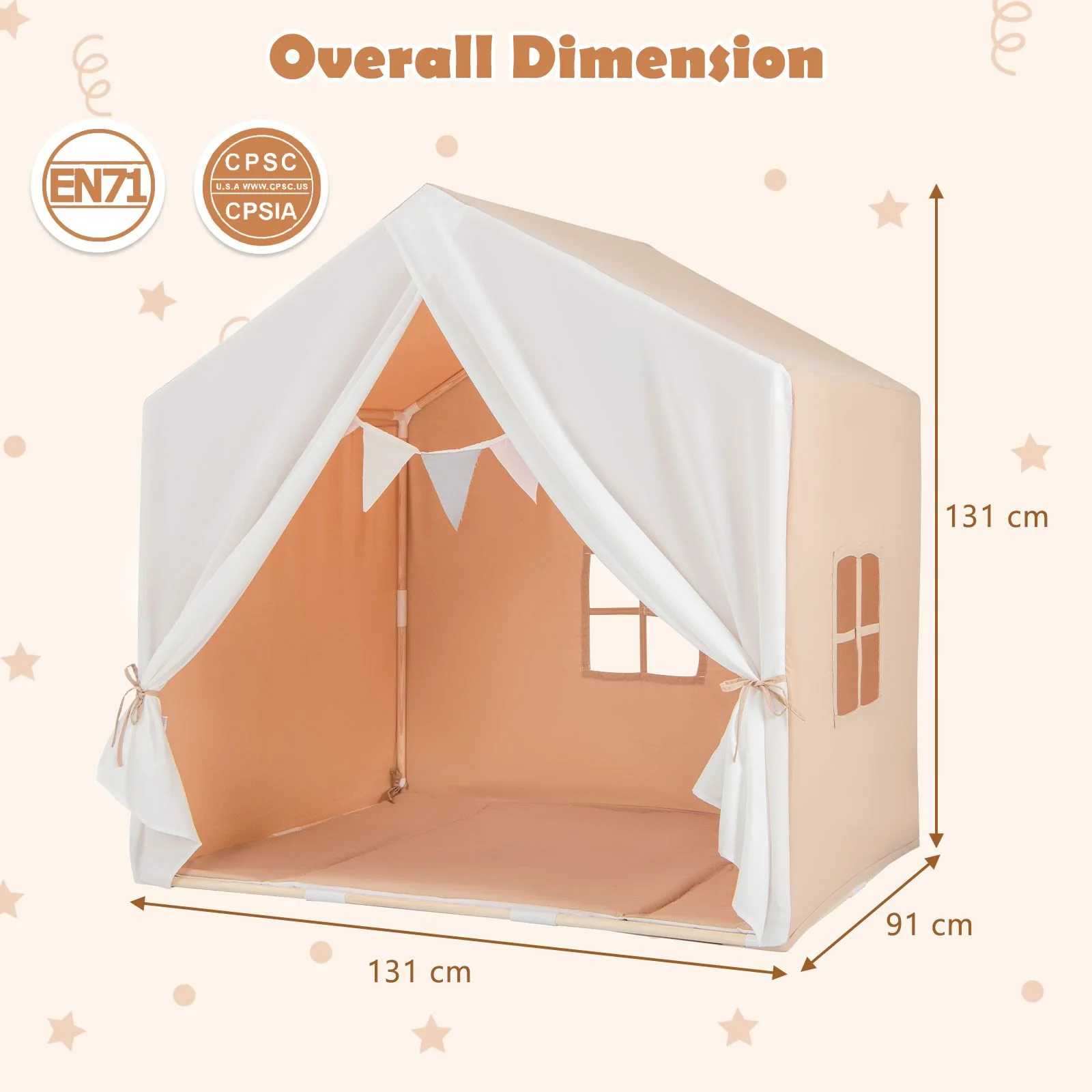 Kid's Play Tent with Washable Cotton Mat and Flag Banner for Kids Aged 3+ - Image 4