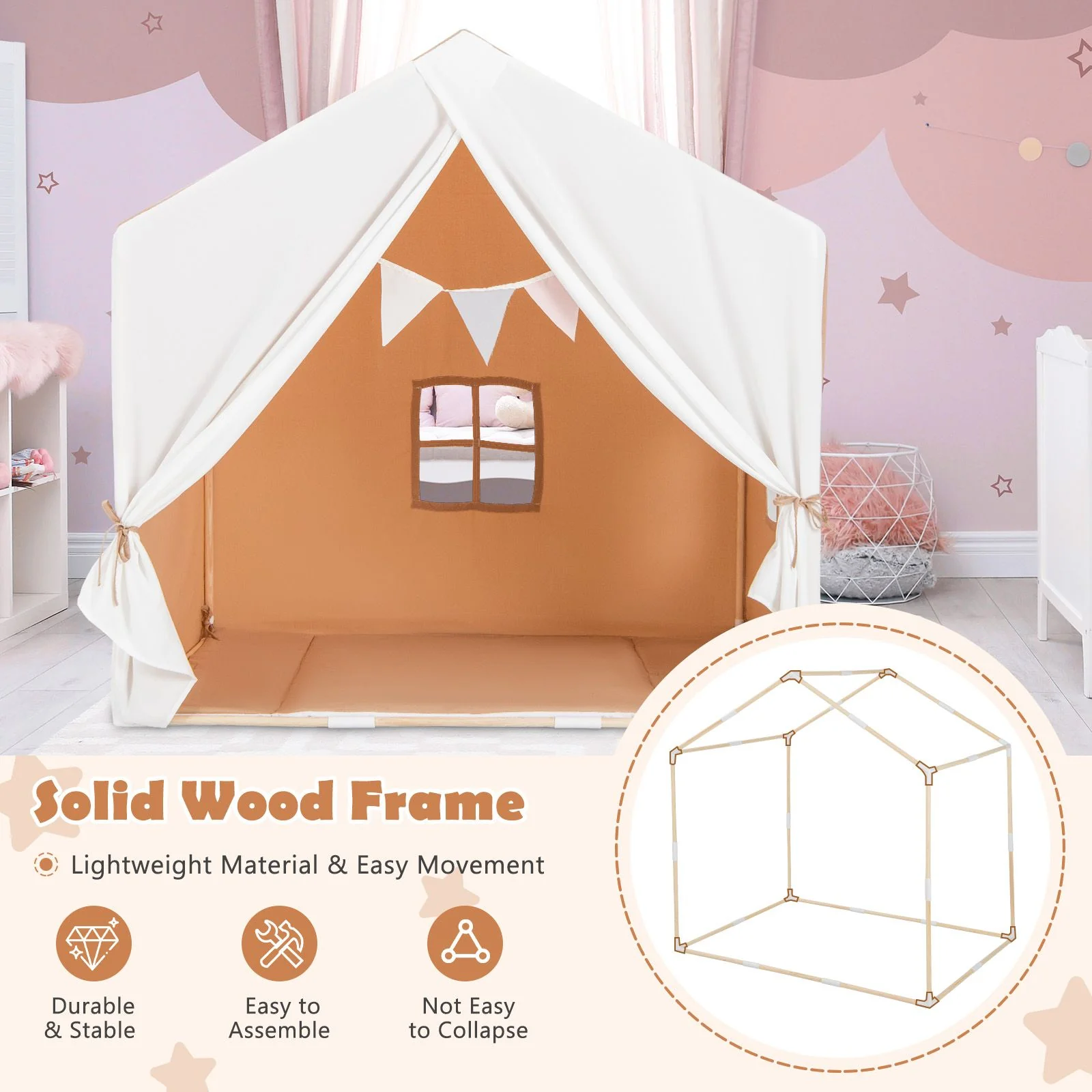 Kid's Play Tent with Washable Cotton Mat and Flag Banner for Kids Aged 3+ - Image 5