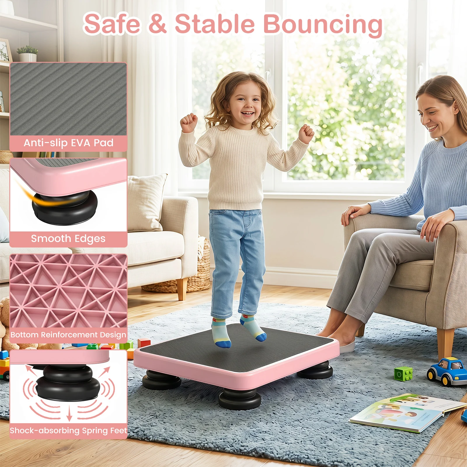 Kids Rebounder Bouncing Board, 60 x 50 cm Mini Trampoline with Elastic Rope, Sensory Bounce Board - Image 7
