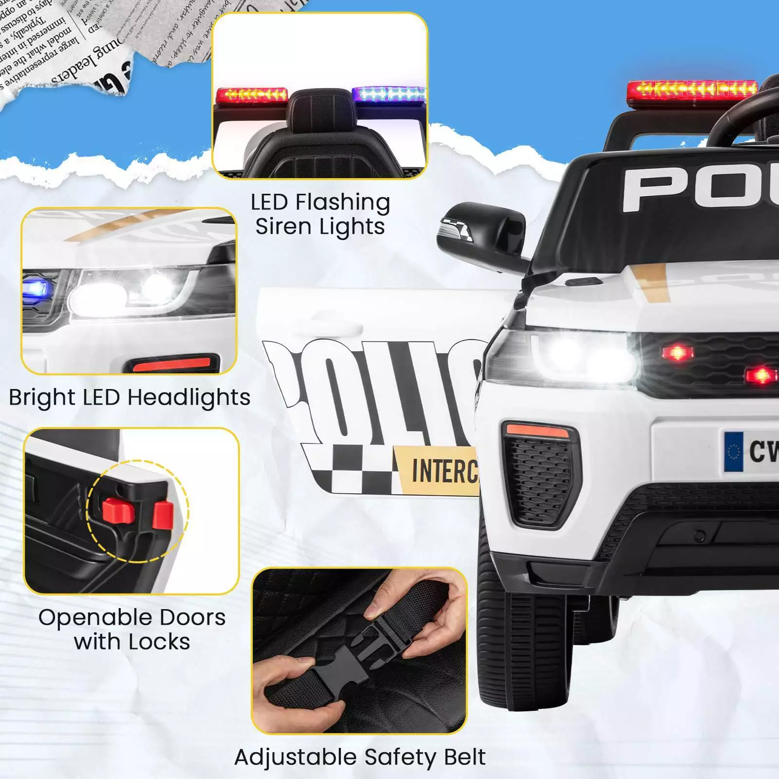 Kids Ride on Police Car 12V Electric Battery Powered Cop Car Flashing Lights - Image 4