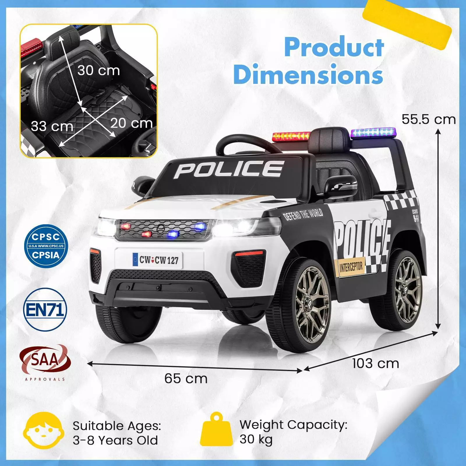 Kids Ride on Police Car 12V Electric Battery Powered Cop Car Flashing Lights - Image 6