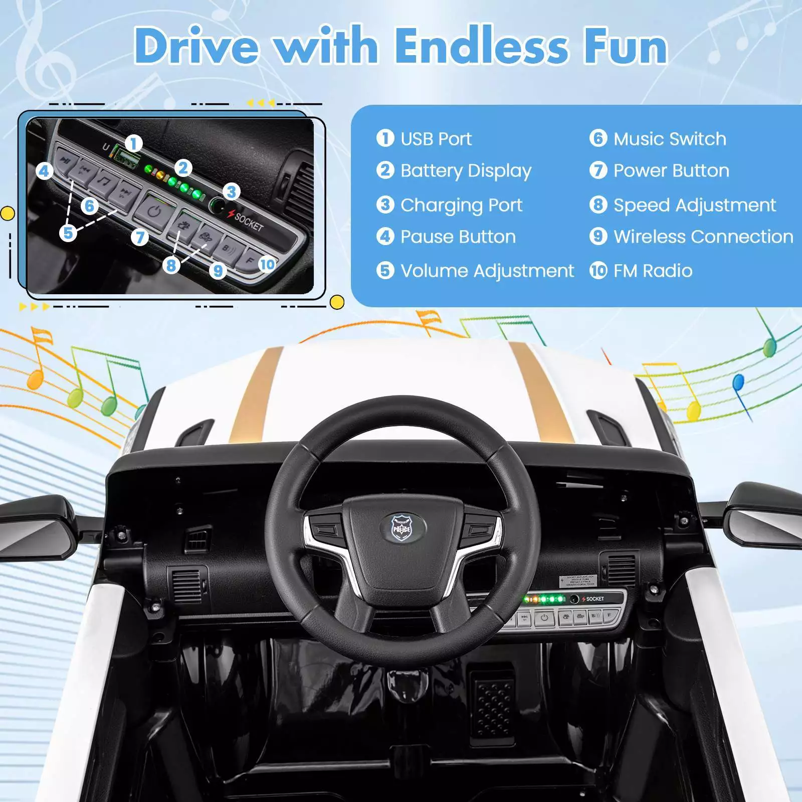 Kids Ride on Police Car 12V Electric Battery Powered Cop Car Flashing Lights - Image 8