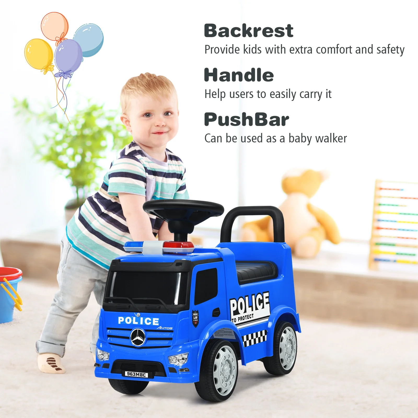 Kids Ride on Police Car, Licensed Mercedes Benz Toddler Push Car - Image 5