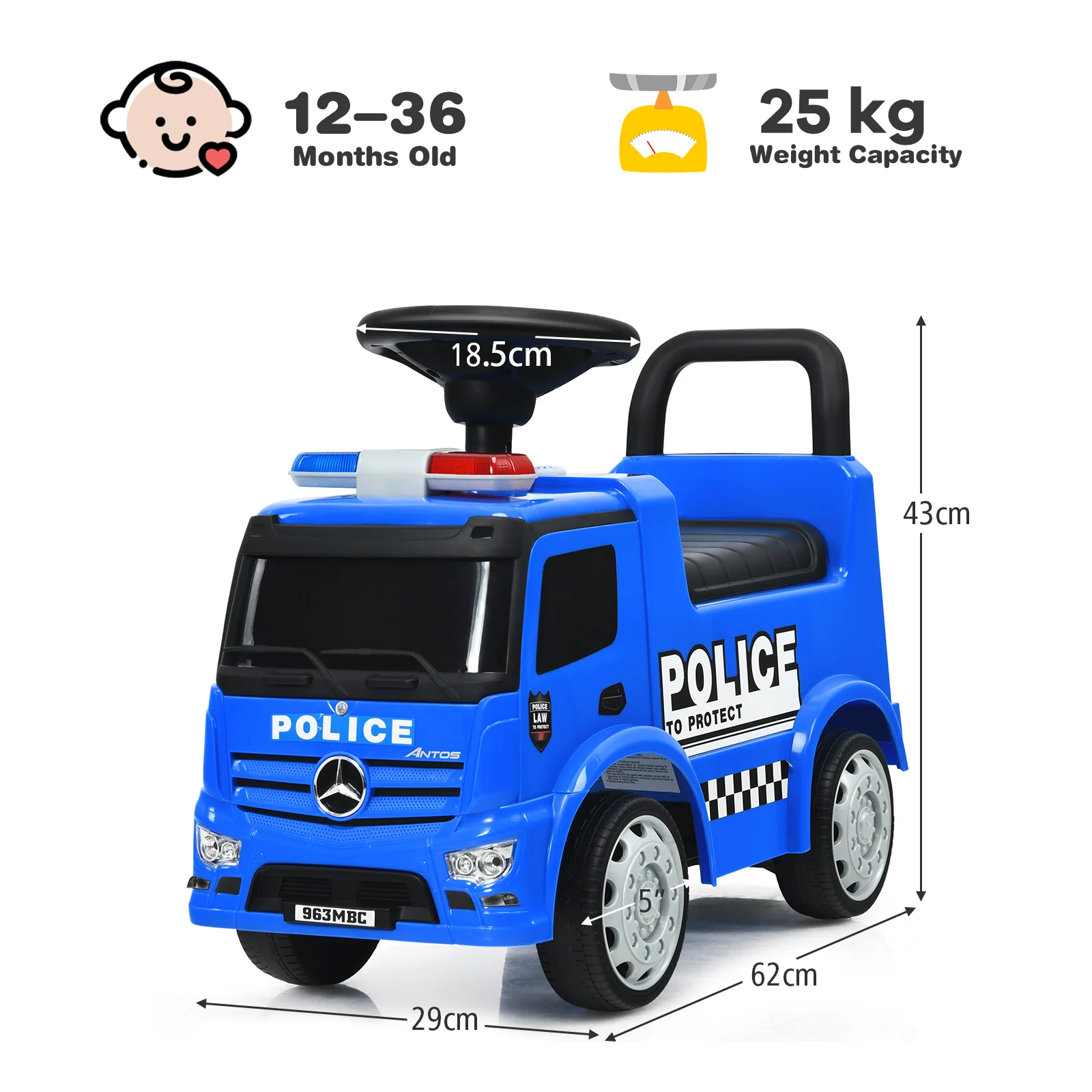Kids Ride on Police Car, Licensed Mercedes Benz Toddler Push Car - Image 8