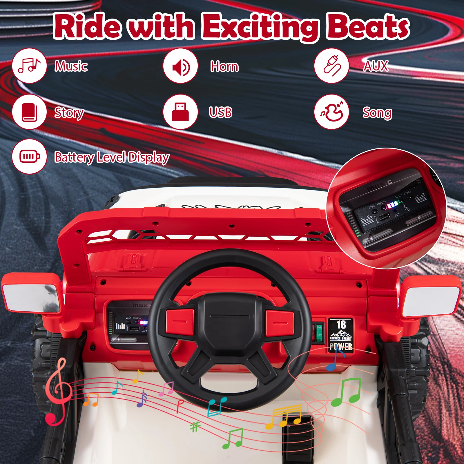 Kids Ride on Truck, 12V Electric Toy Vehicle w/ Remote Control, 3 Speeds, LED Lights, Horn, Music, Story, USB, AUX - Image 7