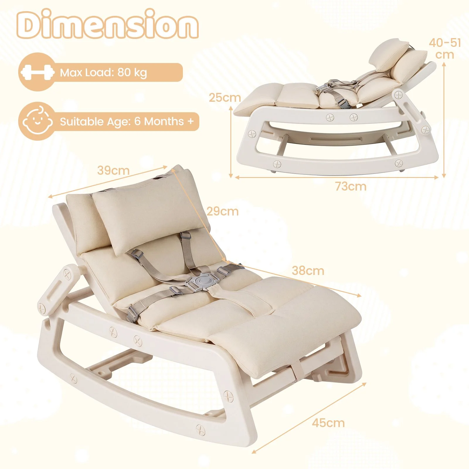 Kids Rocking Chair with Adjustable Backrest & Washable Cushion for 6+ Months - Image 10