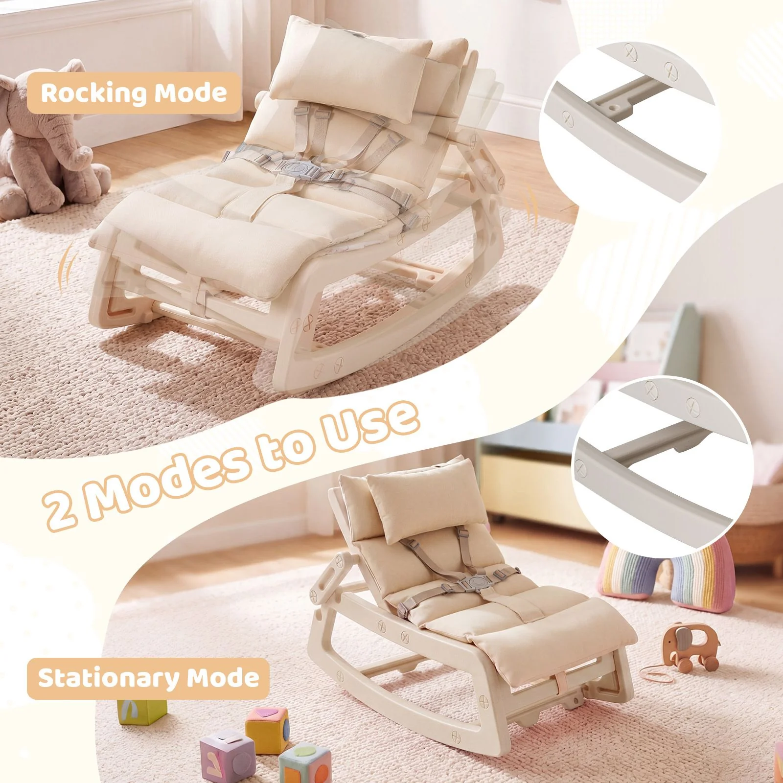 Kids Rocking Chair with Adjustable Backrest & Washable Cushion for 6+ Months - Image 6