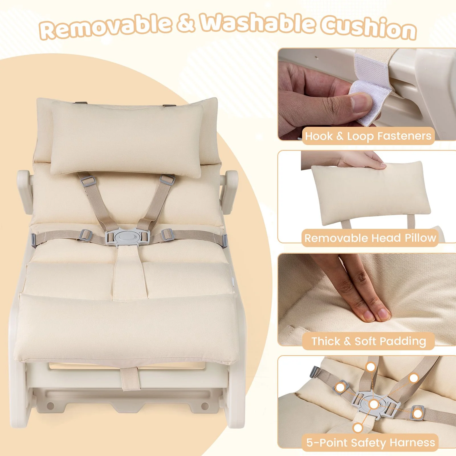 Kids Rocking Chair with Adjustable Backrest & Washable Cushion for 6+ Months - Image 7