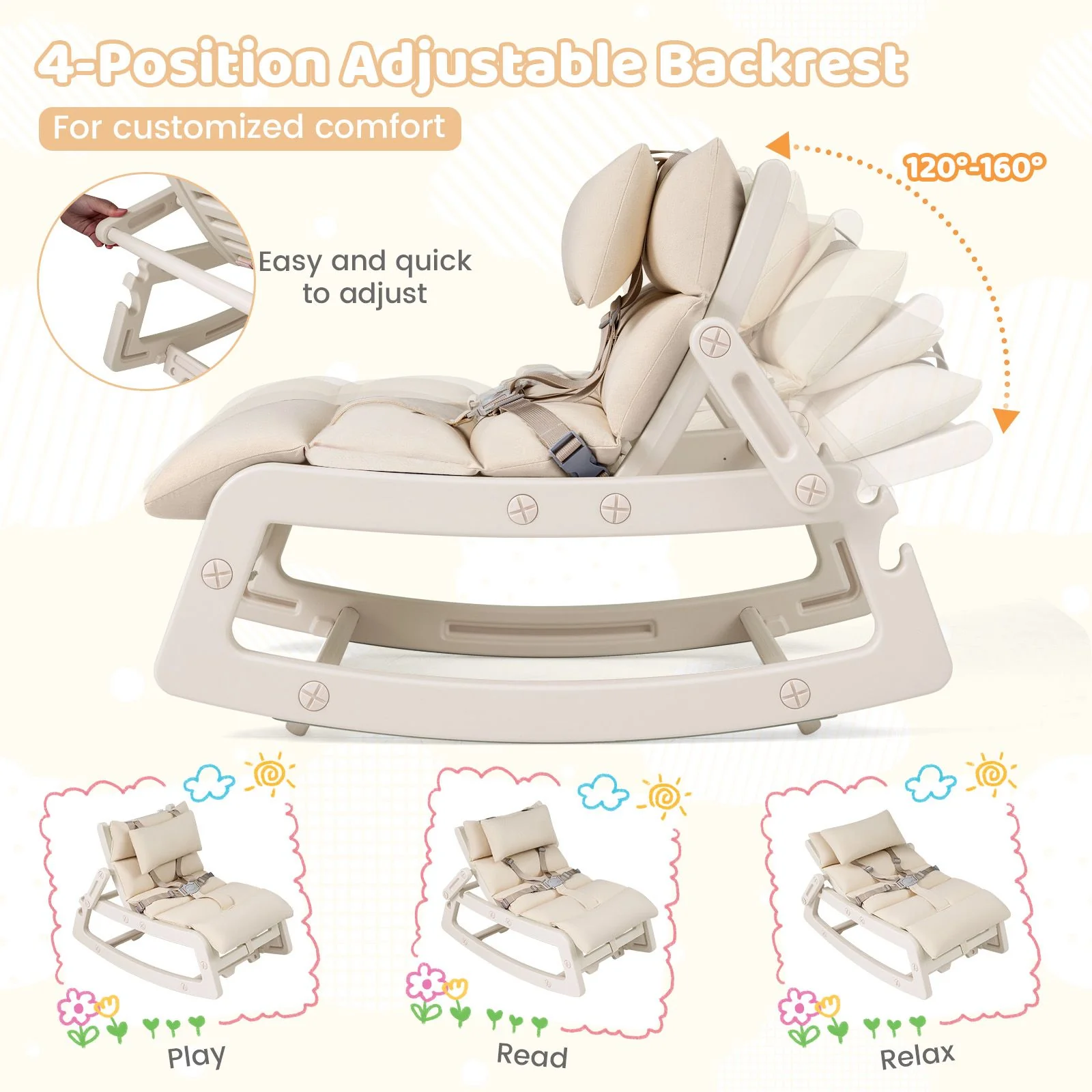 Kids Rocking Chair with Adjustable Backrest & Washable Cushion for 6+ Months - Image 8
