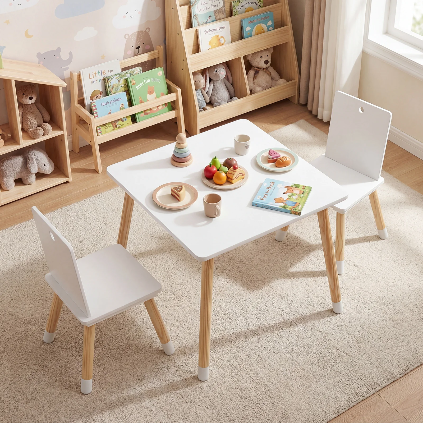 Kids Table and 2 Chairs Set, w/ Pine Wood Legs, Children Activity Table Set - Image 2