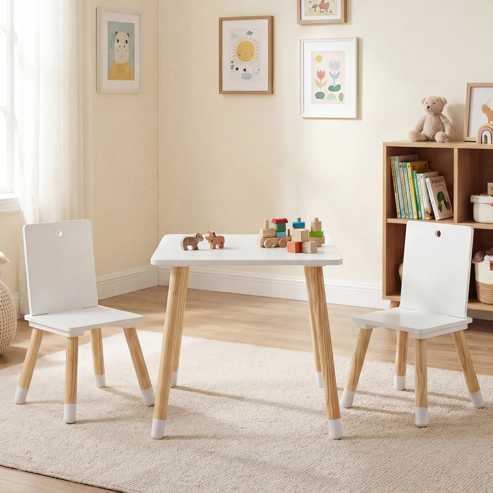 Kids Table and 2 Chairs Set, w/ Pine Wood Legs, Children Activity Table Set - Image 3