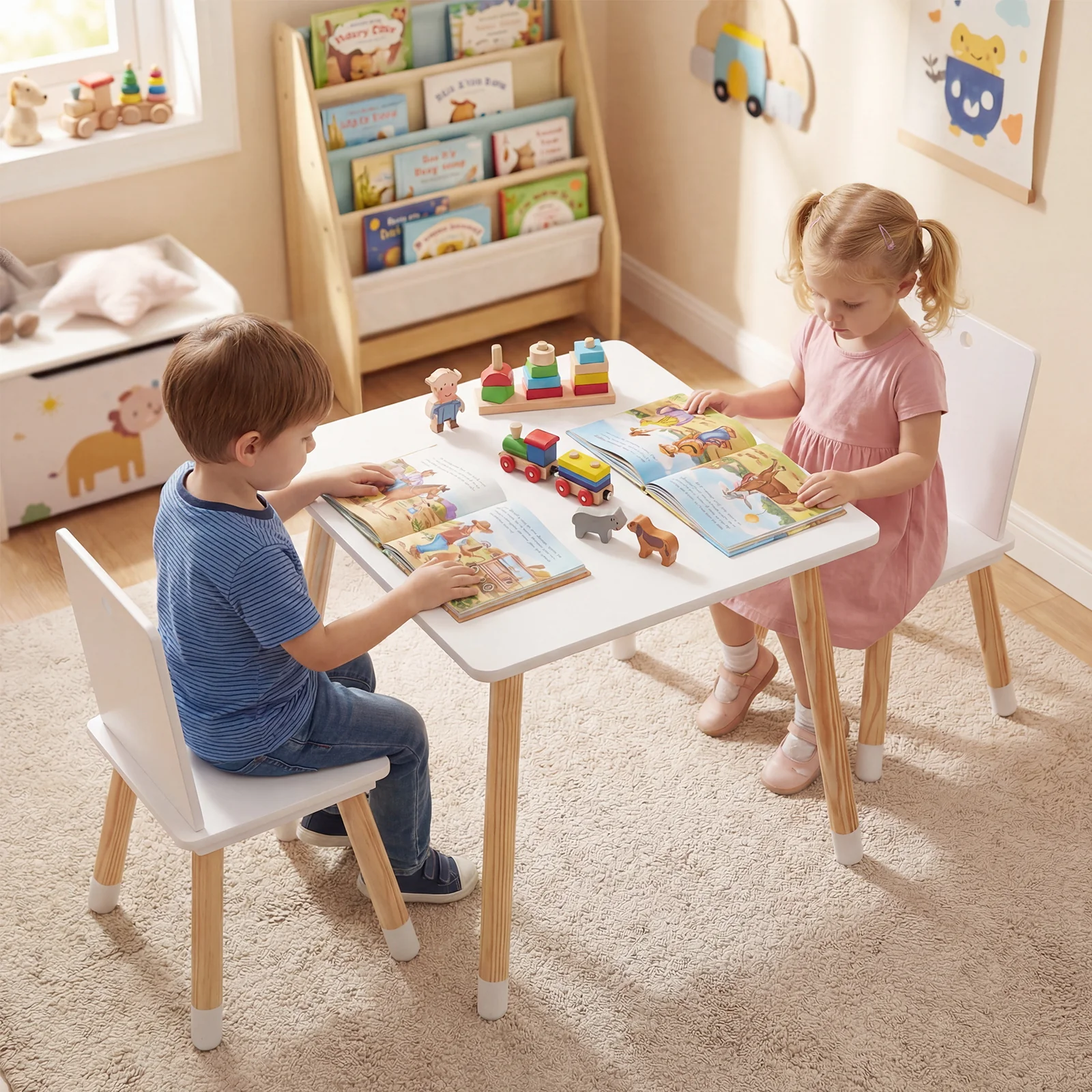 Kids Table and 2 Chairs Set, w/ Pine Wood Legs, Children Activity Table Set - Image 4