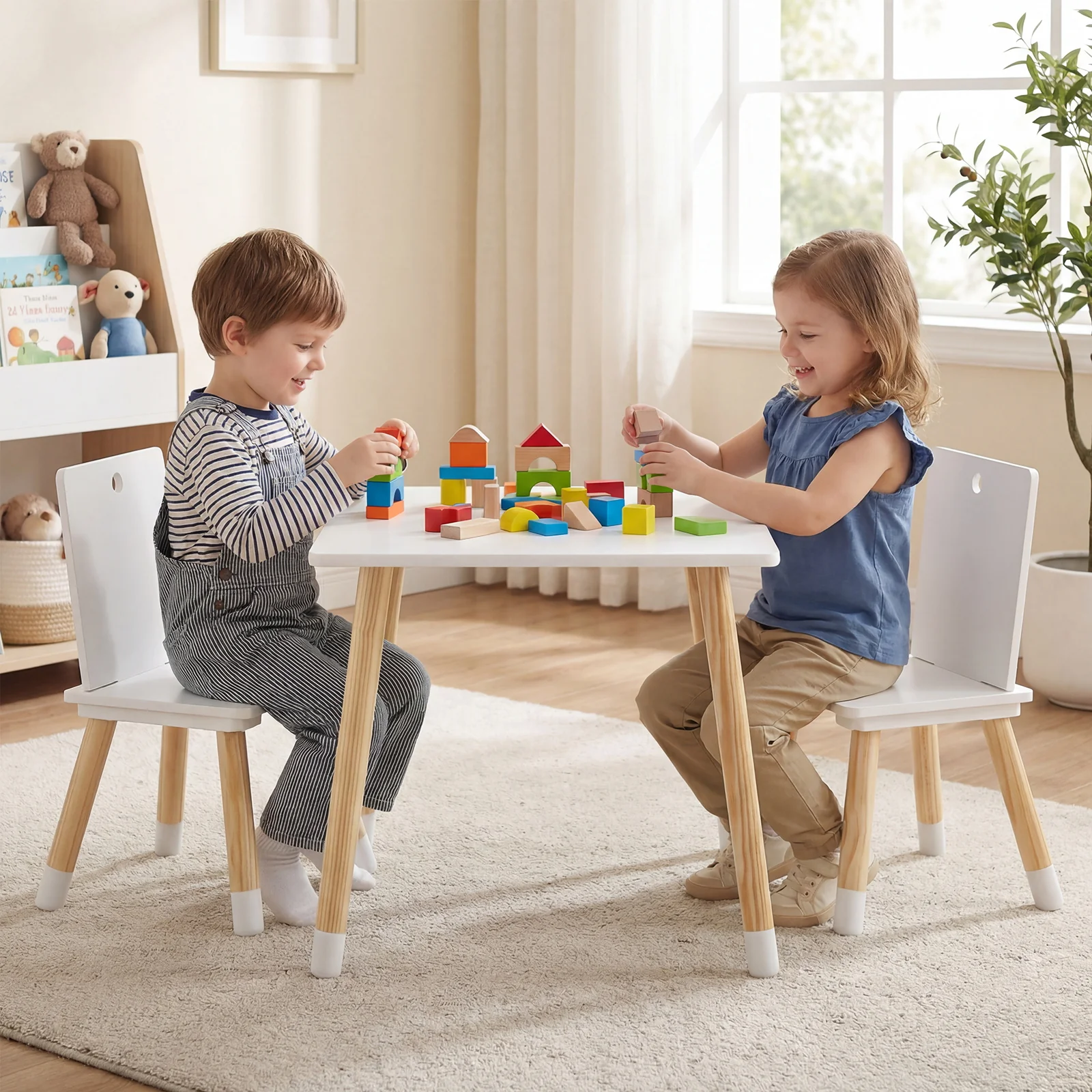 Kids Table and 2 Chairs Set, w/ Pine Wood Legs, Children Activity Table Set - Image 5