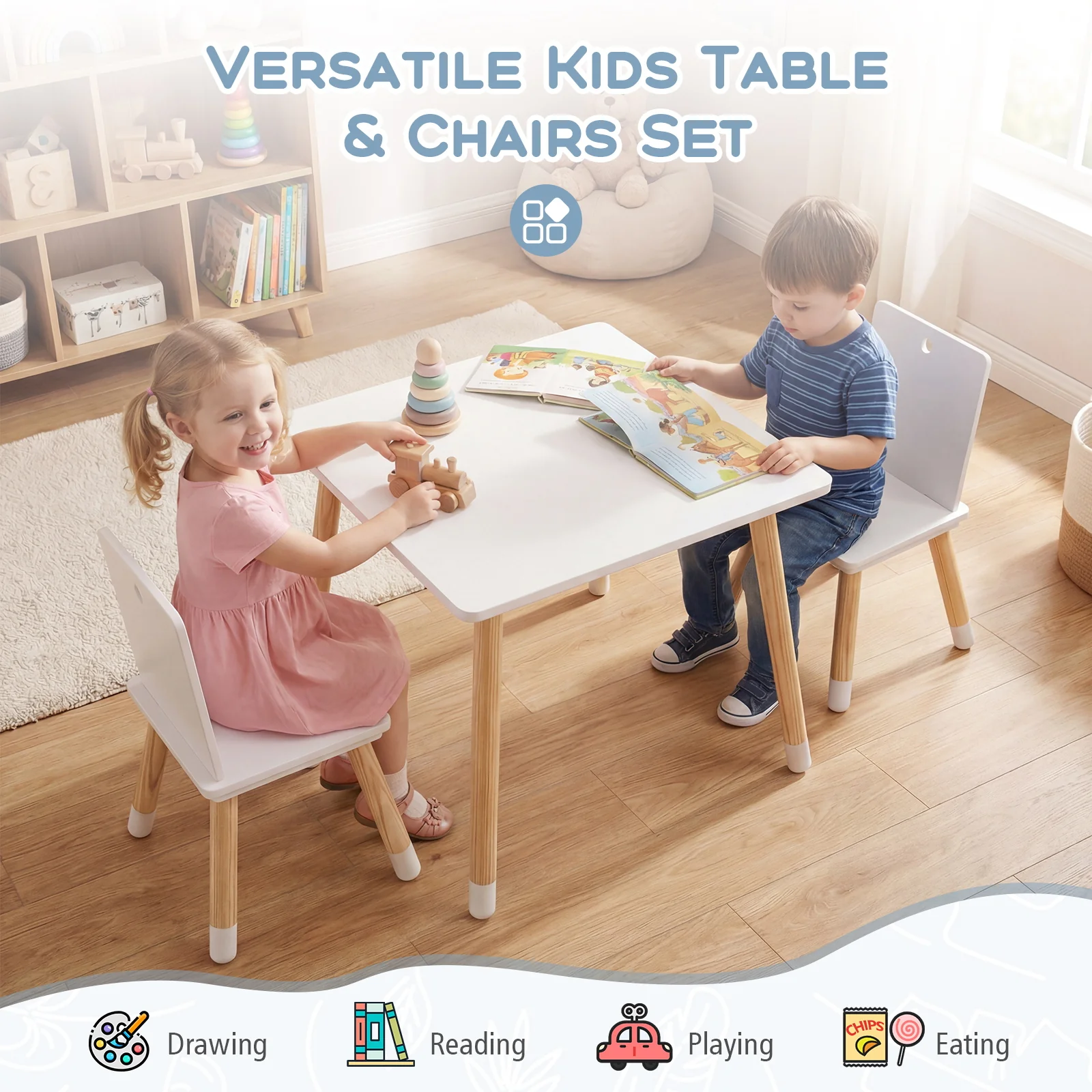 Kids Table and 2 Chairs Set, w/ Pine Wood Legs, Children Activity Table Set - Image 6