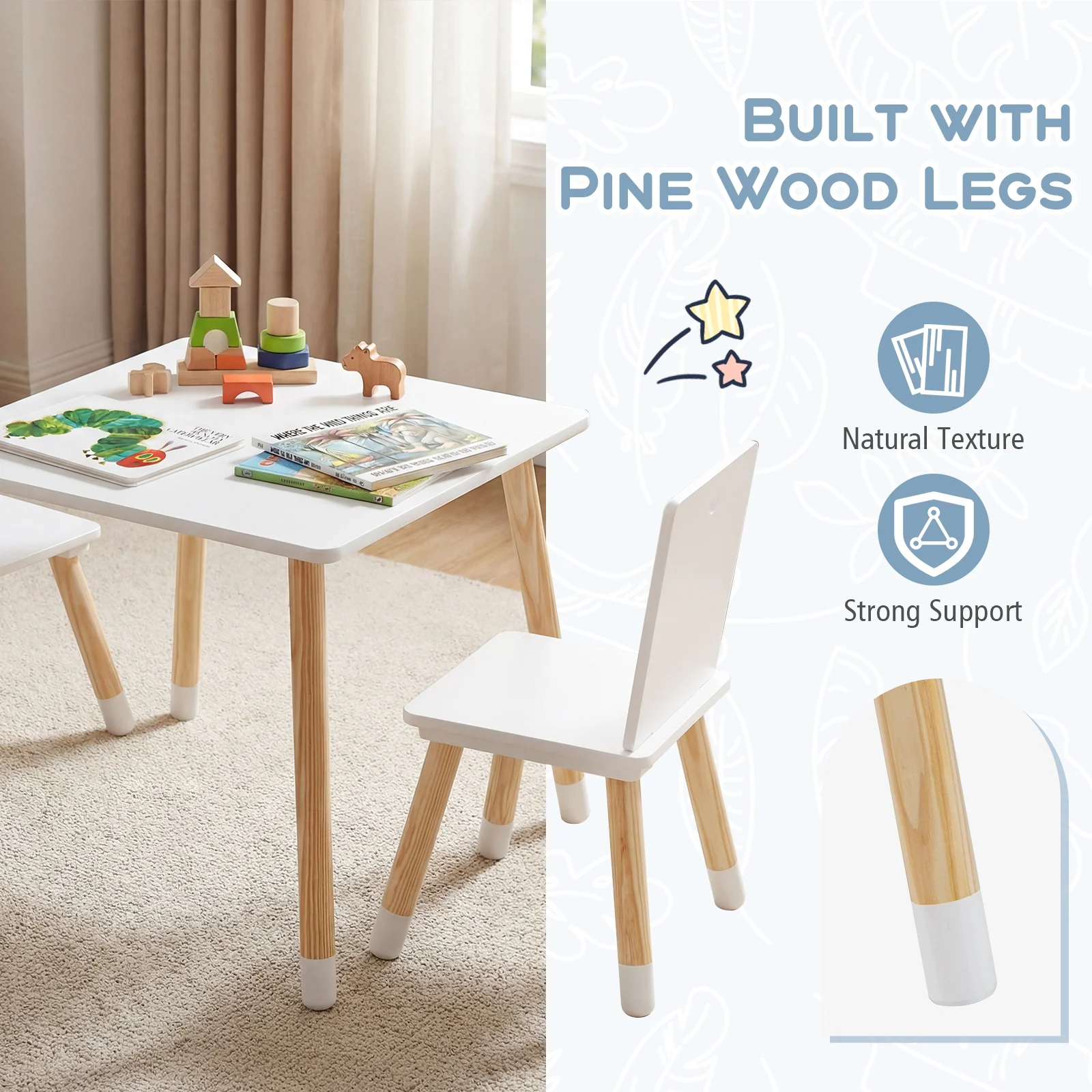Kids Table and 2 Chairs Set, w/ Pine Wood Legs, Children Activity Table Set - Image 7