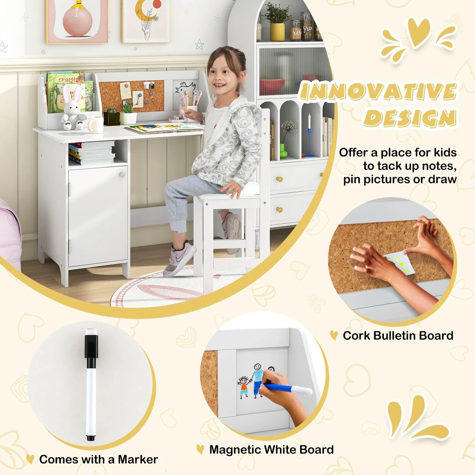 Kids Table and Chair Set Activity Play Study Desk w/Bookshelf & Storage Cabinet - Image 7