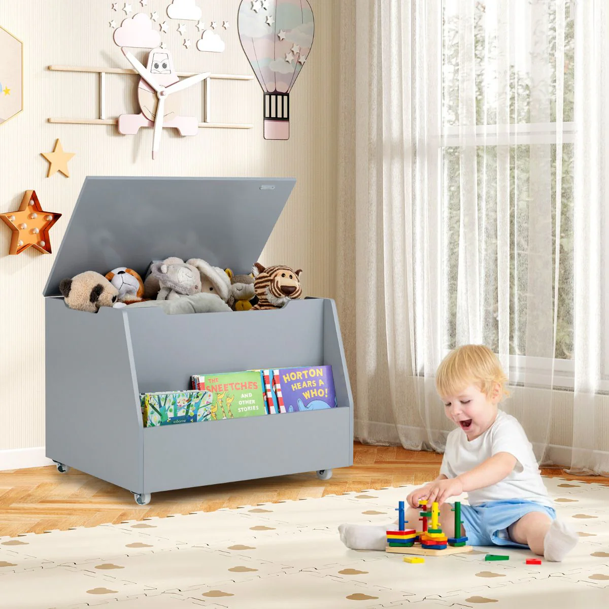Kids Toy Box Wooden Mobile Toy Storage Organizer - Image 2