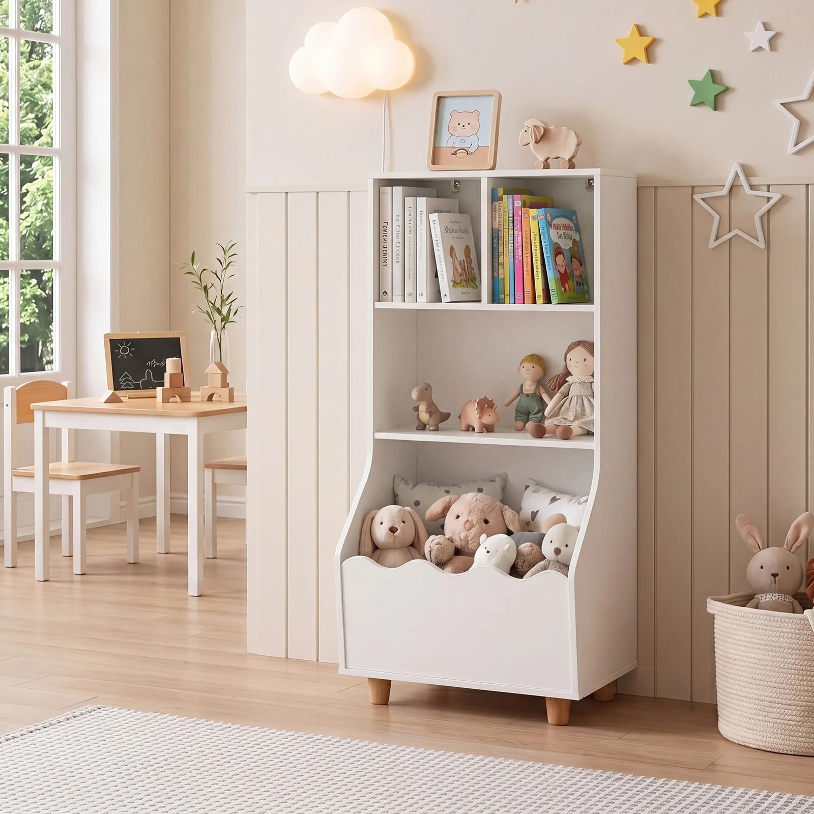 Kids Toy Storage Organizer, 3-Tier Wooden Bookshelf with 2 Anti-Toppling Devices, Top Surface - Image 2