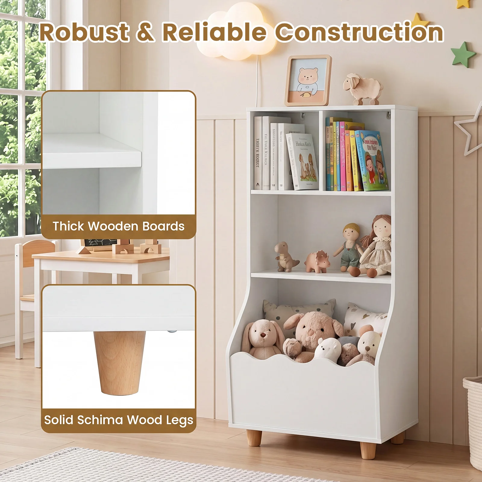 Kids Toy Storage Organizer, 3-Tier Wooden Bookshelf with 2 Anti-Toppling Devices, Top Surface - Image 4