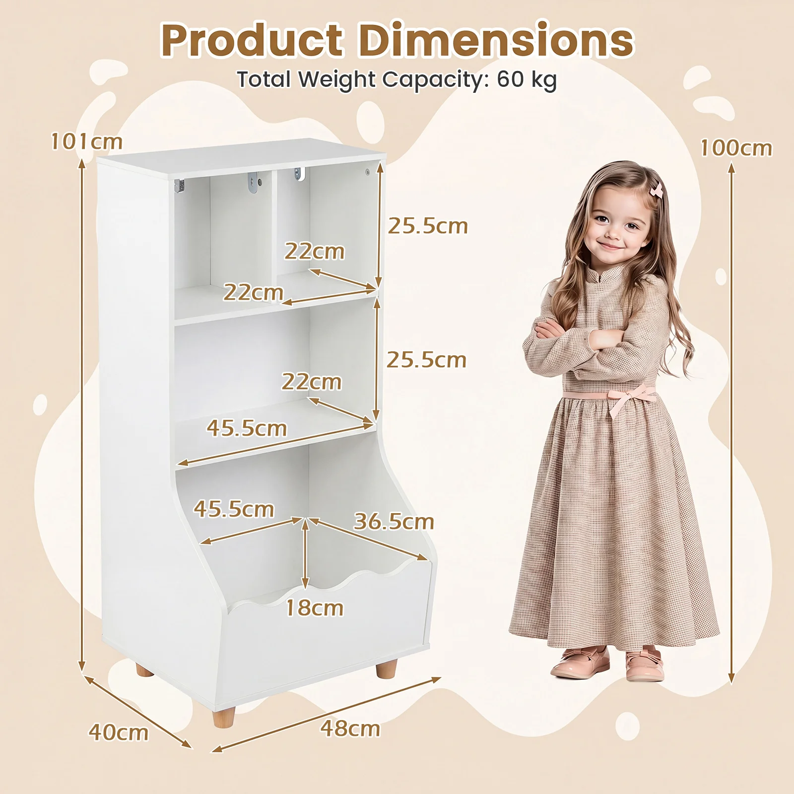 Kids Toy Storage Organizer, 3-Tier Wooden Bookshelf with 2 Anti-Toppling Devices, Top Surface - Image 6