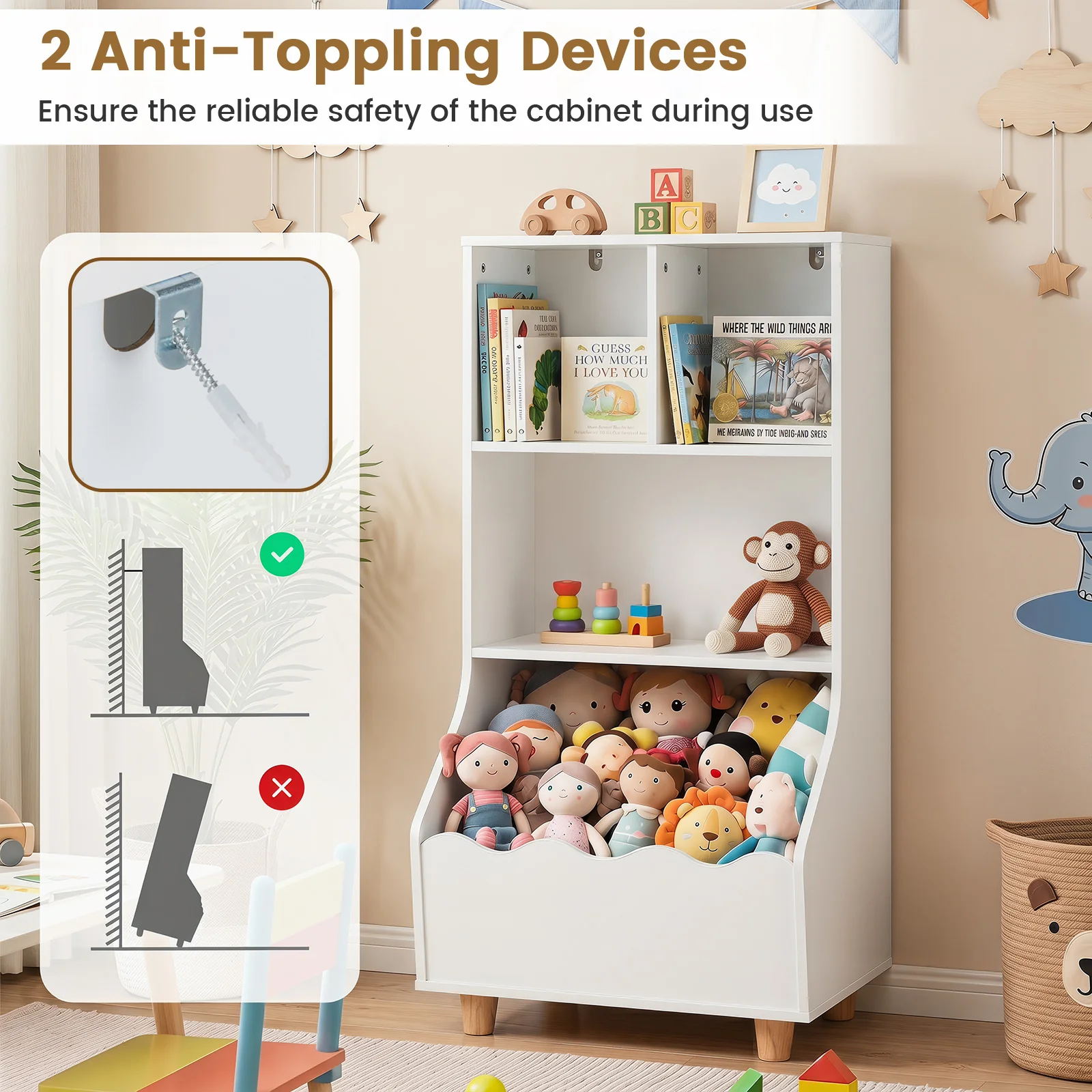 Kids Toy Storage Organizer, 3-Tier Wooden Bookshelf with 2 Anti-Toppling Devices, Top Surface - Image 8