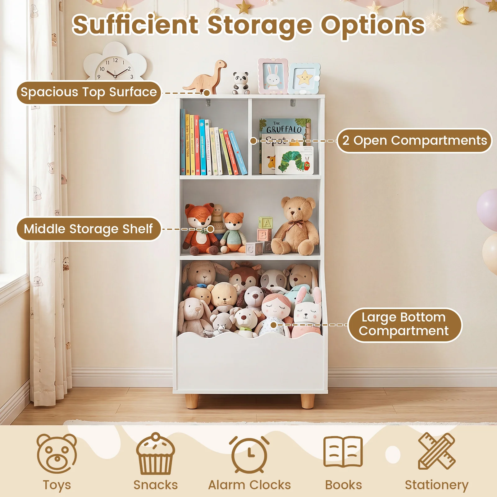 Kids Toy Storage Organizer, 3-Tier Wooden Bookshelf with 2 Anti-Toppling Devices, Top Surface - Image 9