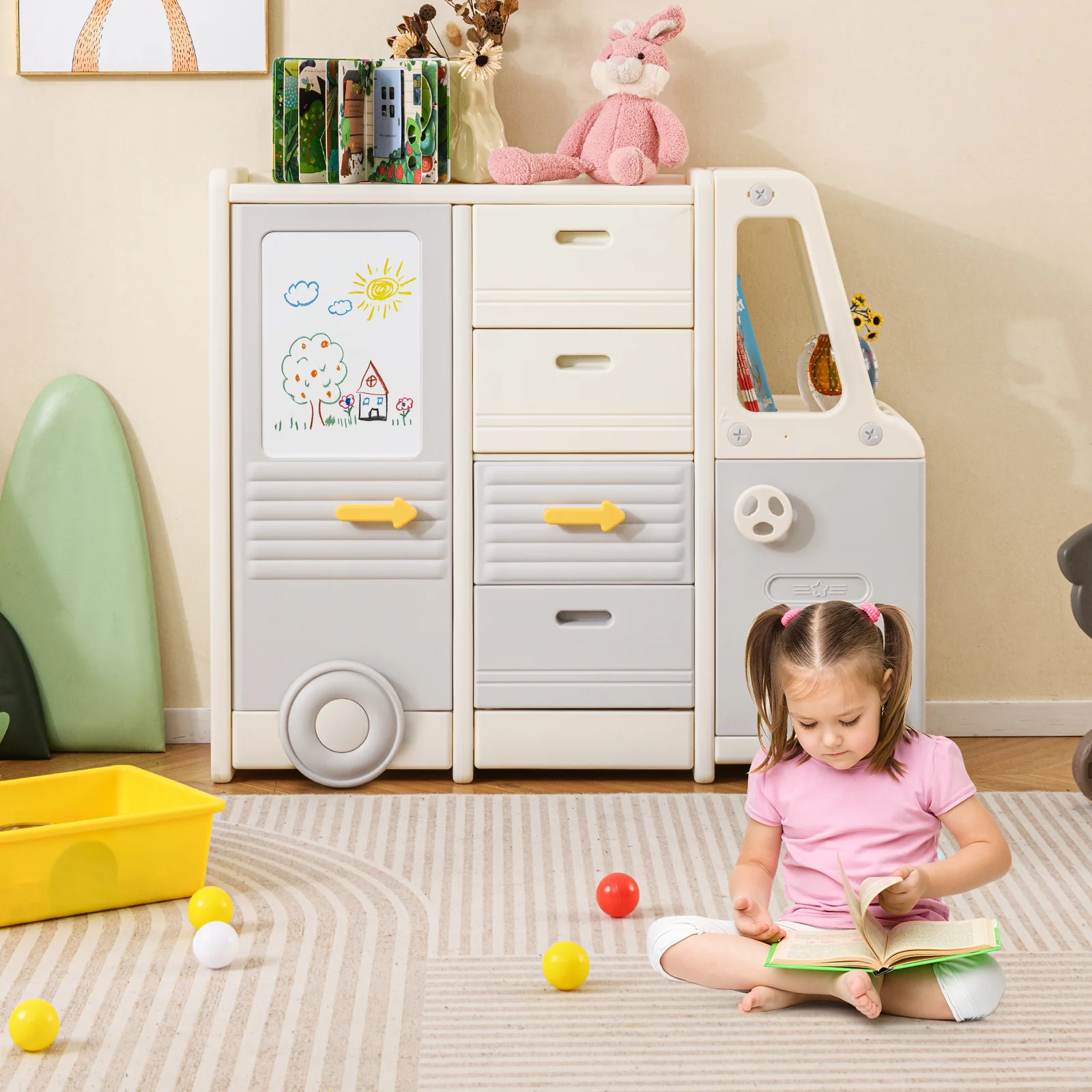 Kids Toy Storage Organizer, Bus-shaped Children Cabinet - Image 2