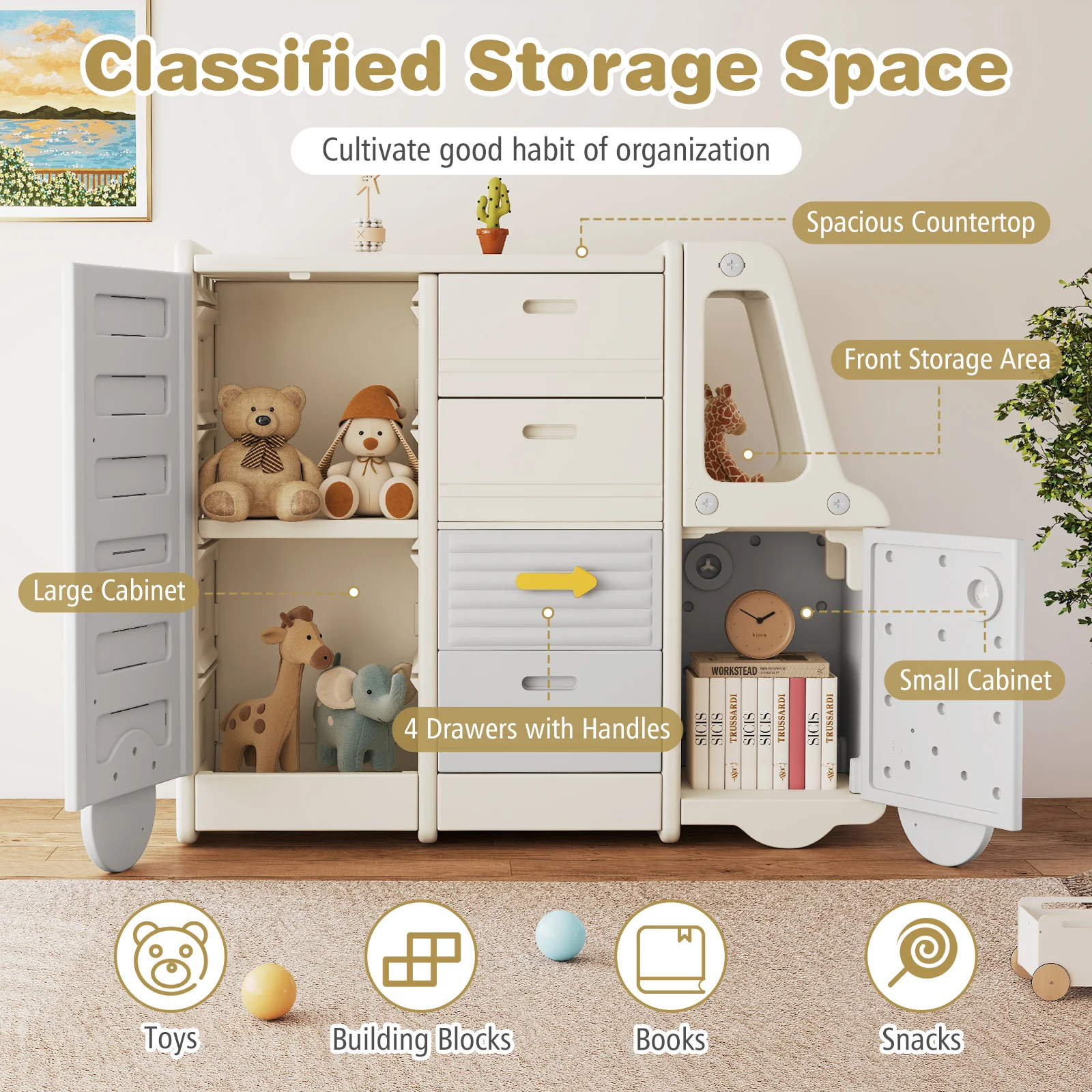 Kids Toy Storage Organizer, Bus-shaped Children Cabinet - Image 4